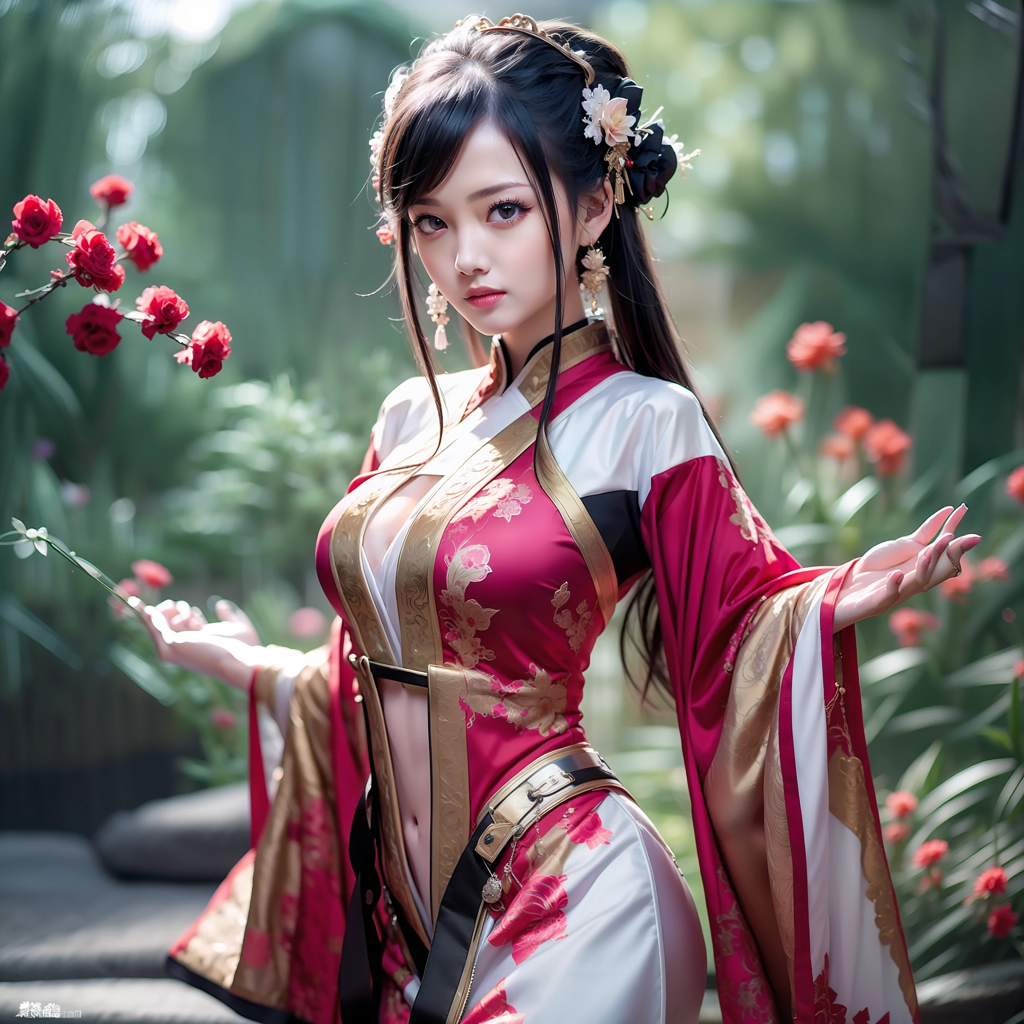 8k（realisticlying），Chinese girl（Delicate skin texture，Elaborate Eyes），cleavage，Wearing a Tang costume，Tang suit，parks，willowy，extreme hight detail