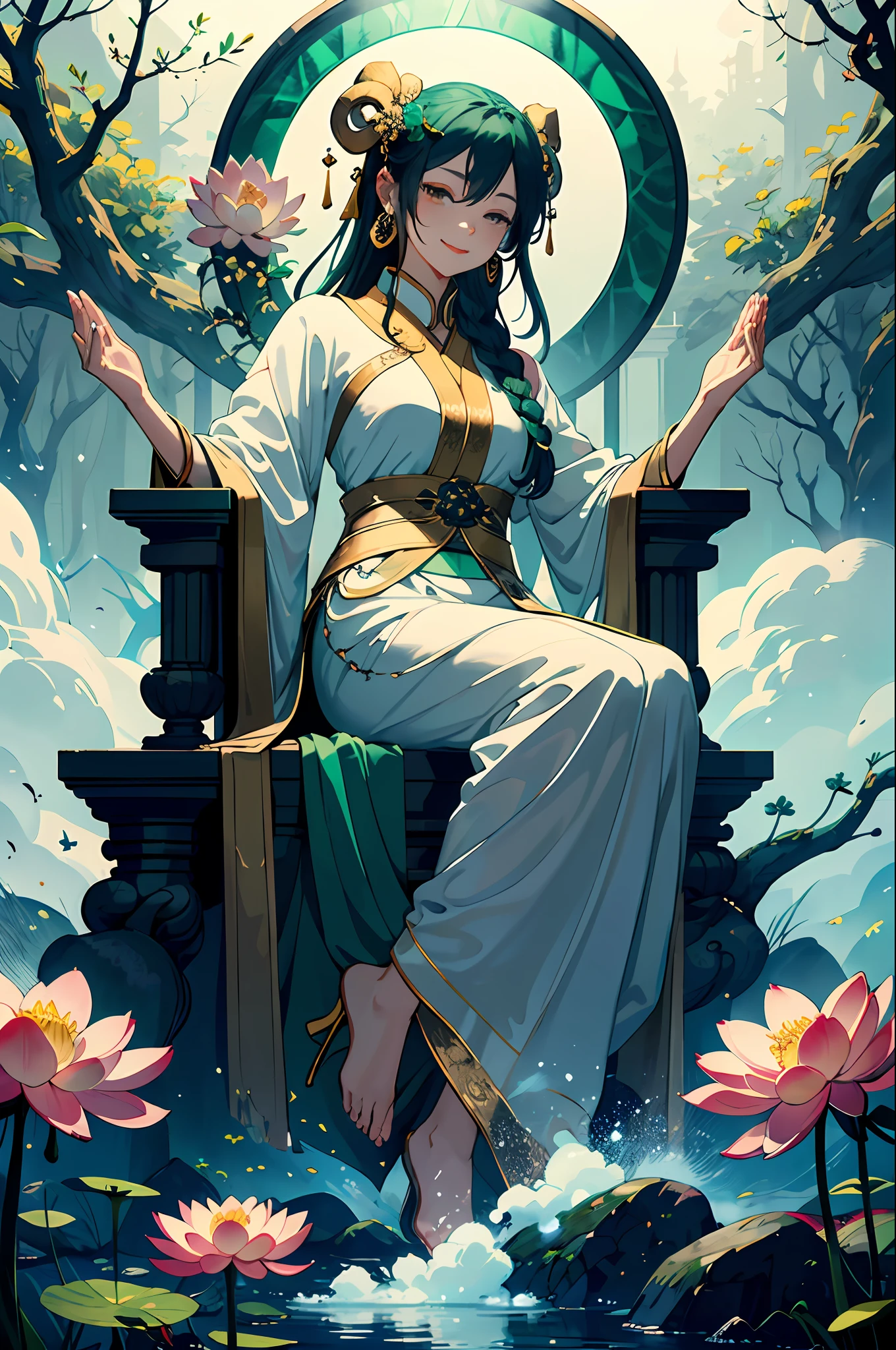dreamy, serene, white and green:1.2),
(full body, sitting, Guanyin with jade bottle:1.1),(praying hands),(blessing),(smiling),(compassionate),
(lotus throne, floating, below Guanyin:1.2),
(lotus flowers, branches),
(dry ice, fog, below:1.1),
(from front),(medium shot),
As she sits on a floating lotus throne, Guanyin holds a jade bottle and makes a praying gesture. She smiles and blesses the world with her compassion. Behind her, lotus flowers and branches surround her, creating a natural and peaceful backdrop. Below her, dry ice forms a fog that adds to the dreamy atmosphere. The main colors are white and green, creating a pure and harmonious mood.
(magazine:1.3), (cover-style:1.3), fashionable, woman, vibrant, outfit, posing, front, colorful, dynamic, background, elements, confident, expression, holding, statement, accessory, majestic, coiled, around, touch, scene, text, cover, bold, attention-grabbing, title, stylish, font, catchy, headline, larger, striking, modern, trendy, focus, fashion,