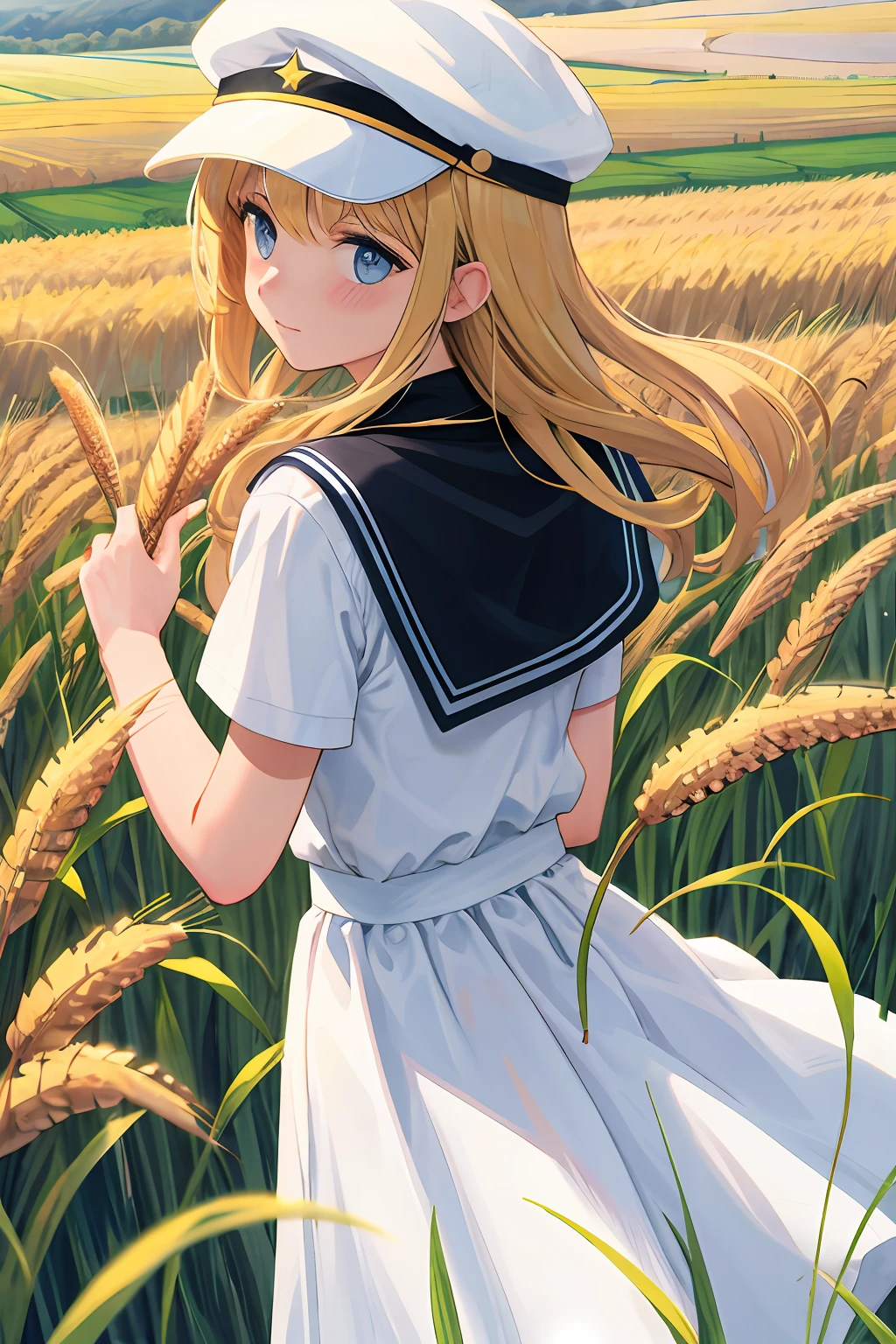 white skirt,eventide,wheat field,white cap,comic strip