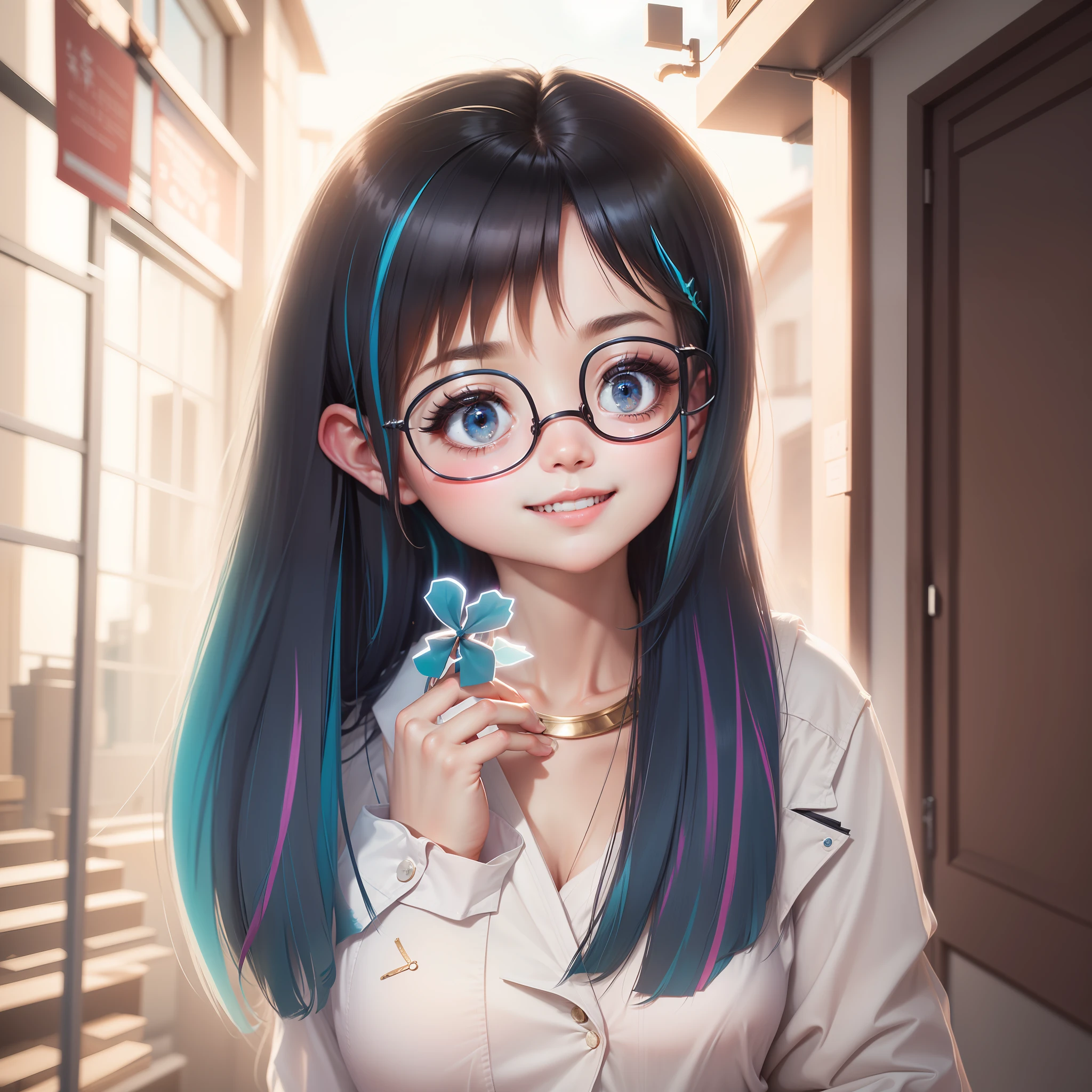 1个Giant Breast Girl, (tmasterpiece:1.1), (best qualityer:1.1), (white  shirt:1.1), (Plaid skirts:1.1), school uniform, Break [blue colors:In pink:0.5] The subject, (Random background:1.1), cowboy lens, Break long hair of random color, Random color eyes, Delicate tiara, smiling sideways。Natural light style、Colorful style、vintagestyle、dream style --auto