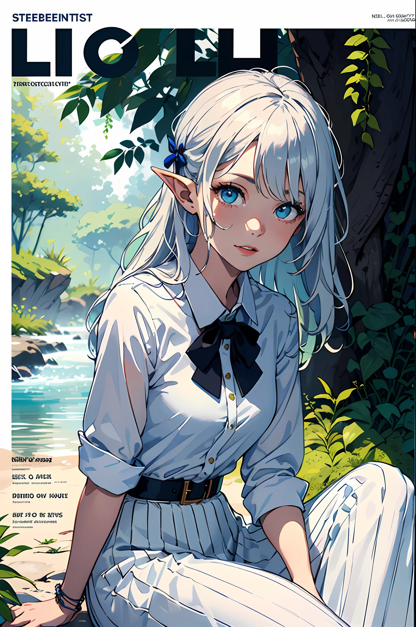 ((masterpiece)), expressionless, (((best quality))), ((illustration)),
1girl, elf, ((solo)), (detailed face), (beautiful detailed eyes), light eyes, blue eyes, ((disheveled hair)), silver hair, full body,
smile, blank stare, sitting, ((looking to the side)),
bow tie hair band, white transparent long skirt, noble, mysterious,
bright background, in forest, nature, sunshines through the leaves, butterfly, river, close-up,
(magazine:1.3), (cover-style:1.3), fashionable, woman, vibrant, outfit, posing, front, colorful, dynamic, background, elements, confident, expression, holding, statement, accessory, majestic, coiled, around, touch, scene, text, cover, bold, attention-grabbing, title, stylish, font, catchy, headline, larger, striking, modern, trendy, focus, fashion,