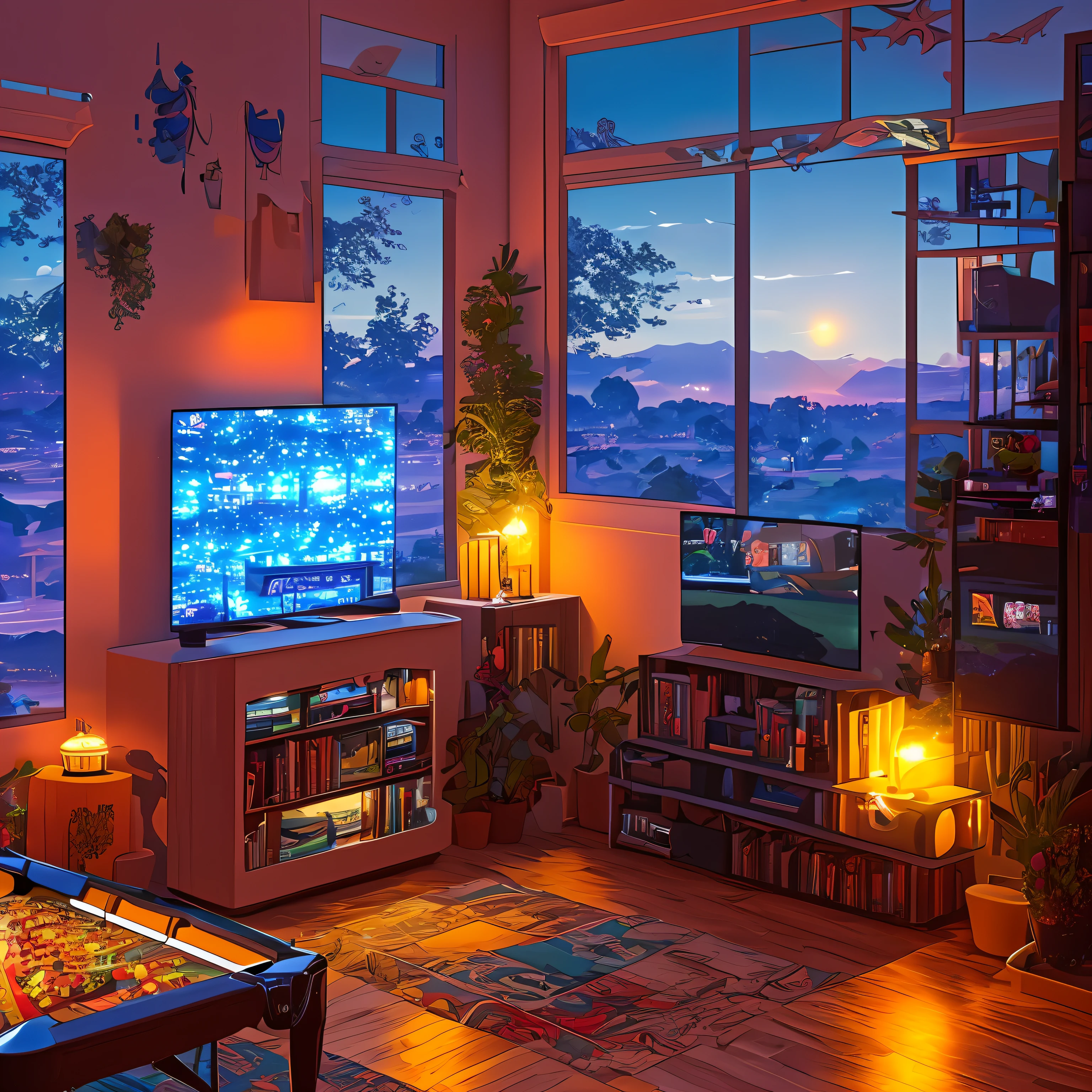 early evening,Colorful nights,Interior view of the games room,4k --auto