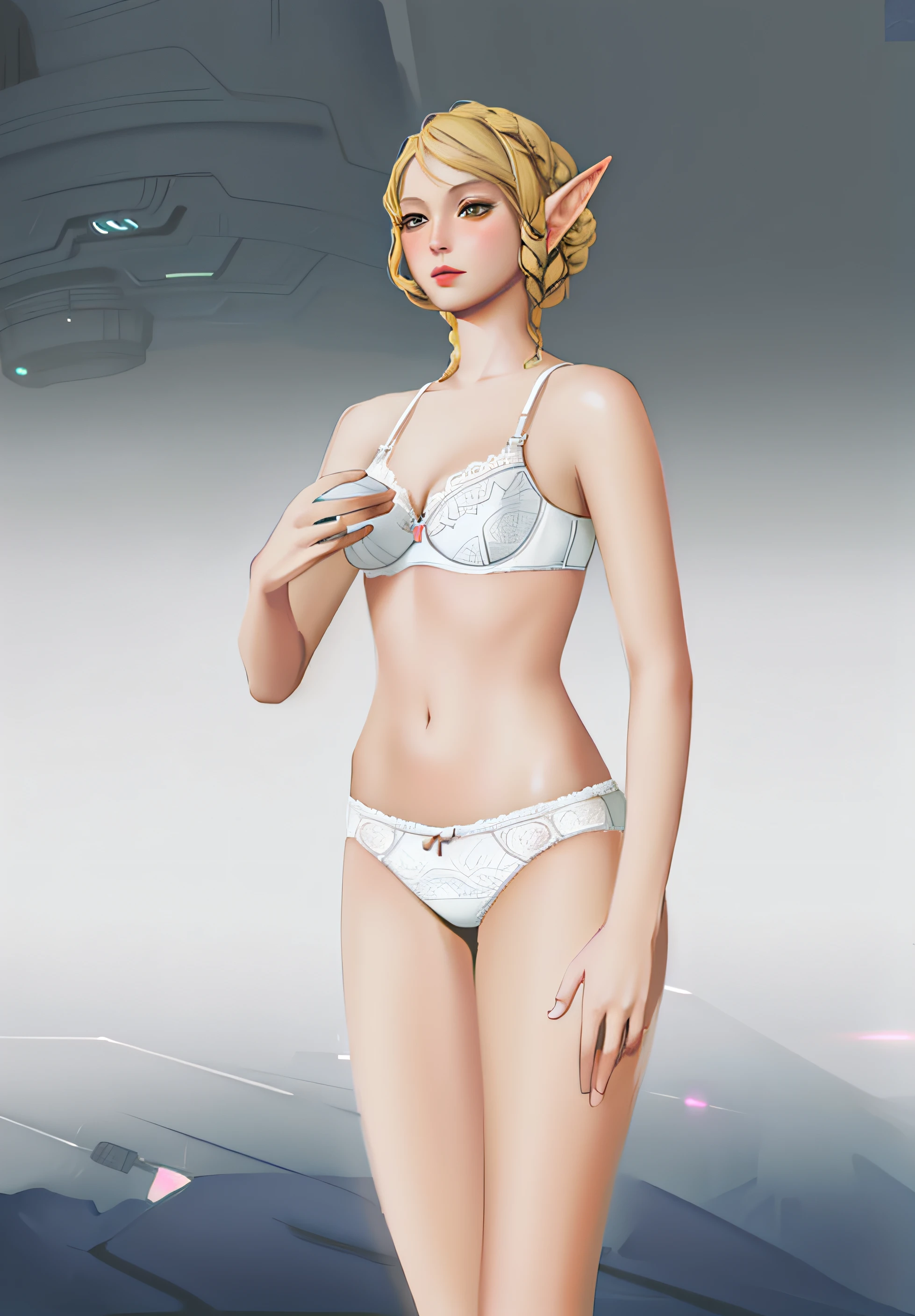 ((masterpiece, best quality)), Tall blonde Elven woman, white fancy bra, white high cut panties, in Sci-fi void, realistic art style, intricate details