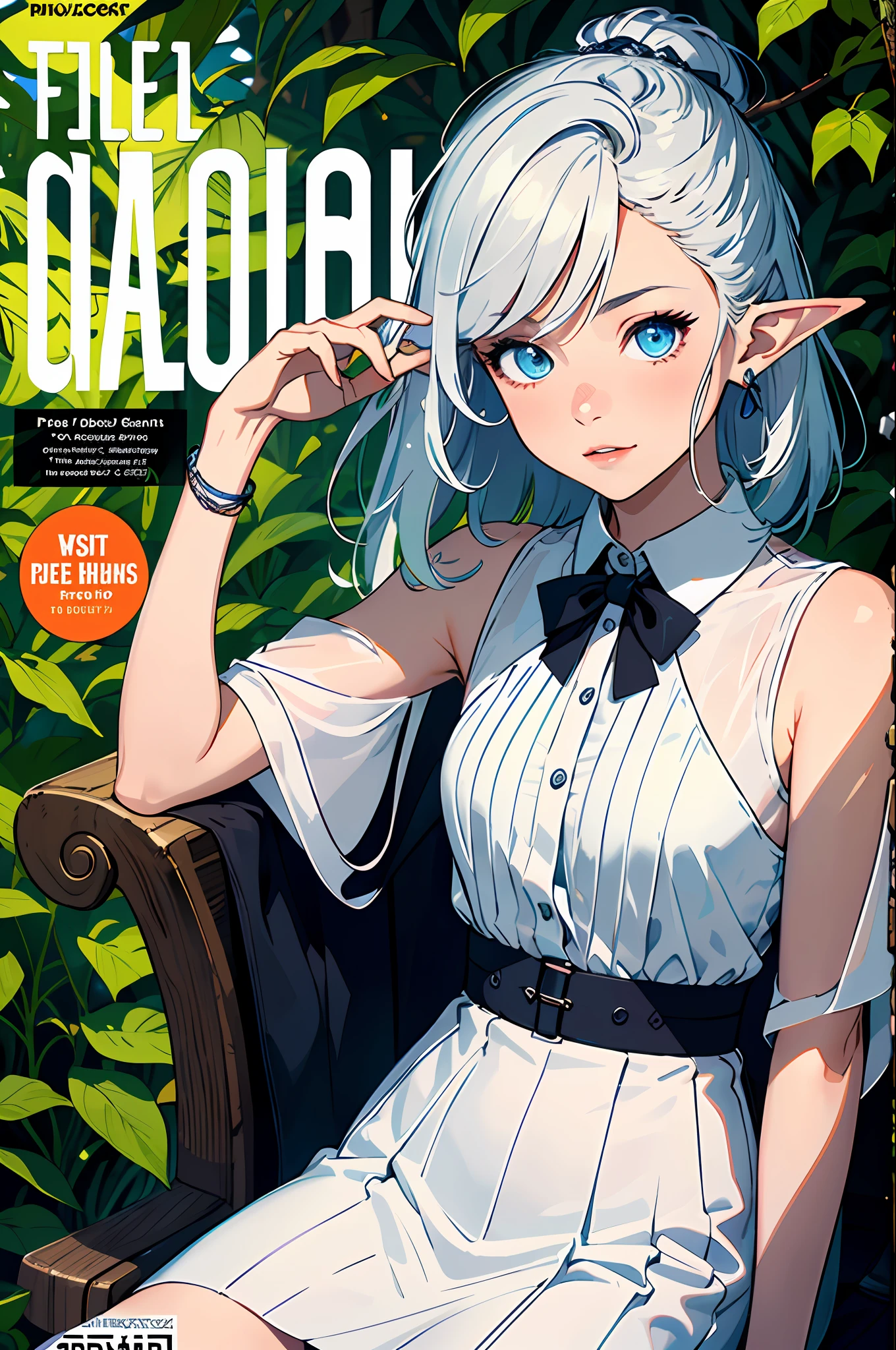 ((masterpiece)), expressionless, (((best quality))), ((illustration)),
1girl, elf, ((solo)), (detailed face), (beautiful detailed eyes), light eyes, blue eyes, ((disheveled hair)), silver hair, full body,
smile, blank stare, sitting, ((looking to the side)),
bow tie hair band, white transparent long skirt, noble, mysterious,
bright background, in forest, nature, sunshines through the leaves, butterfly, river, close-up,
(magazine:1.3), (cover-style:1.3), fashionable, woman, vibrant, outfit, posing, front, colorful, dynamic, background, elements, confident, expression, holding, statement, accessory, majestic, coiled, around, touch, scene, text, cover, bold, attention-grabbing, title, stylish, font, catchy, headline, larger, striking, modern, trendy, focus, fashion,