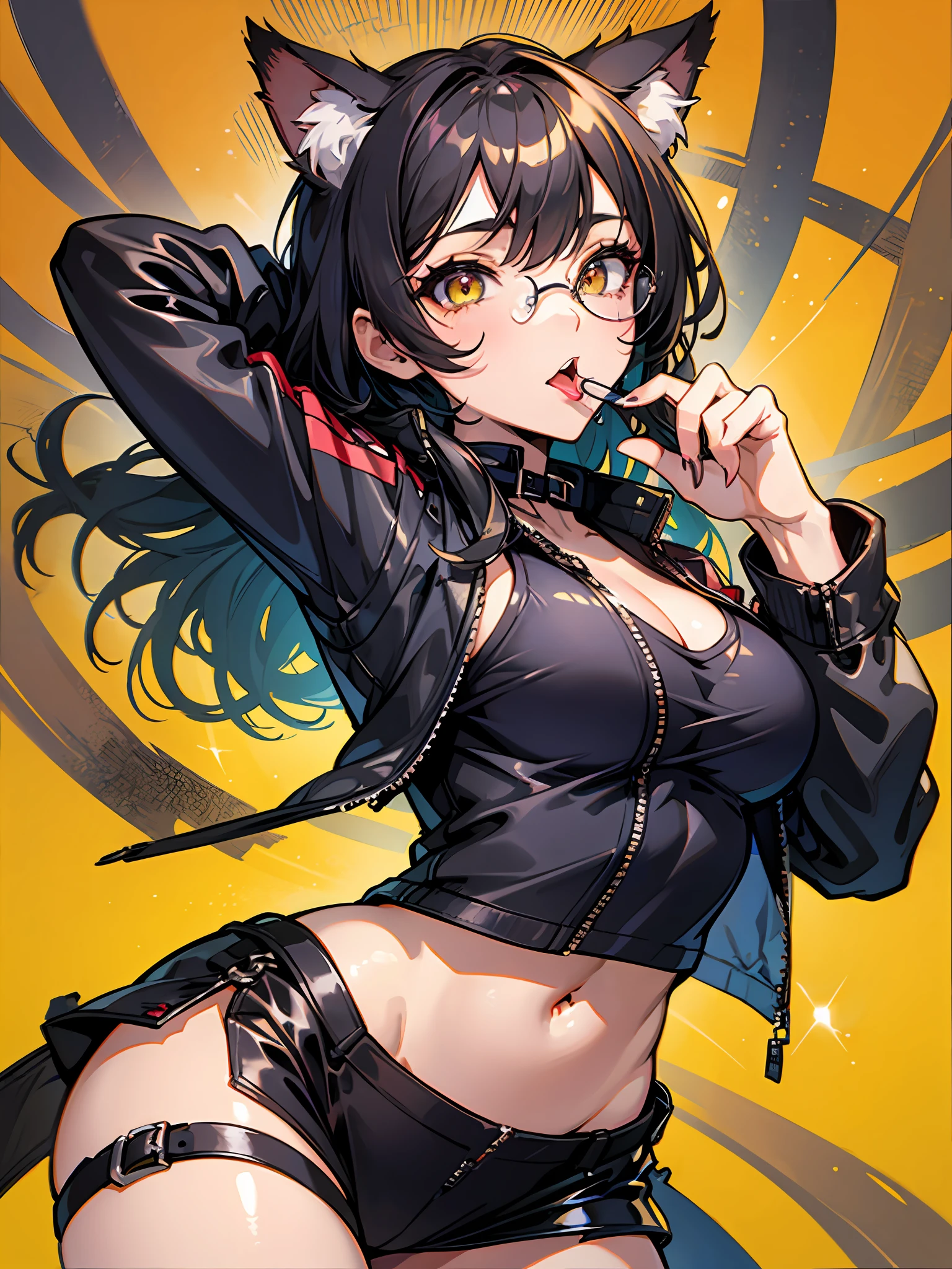 (((1girll))),Cat ears,cabelos preto e longos,vests,jaket,cowboy lens,eye glass,medium boob,yellow backdrop,with her mouth open,Be red in the face,