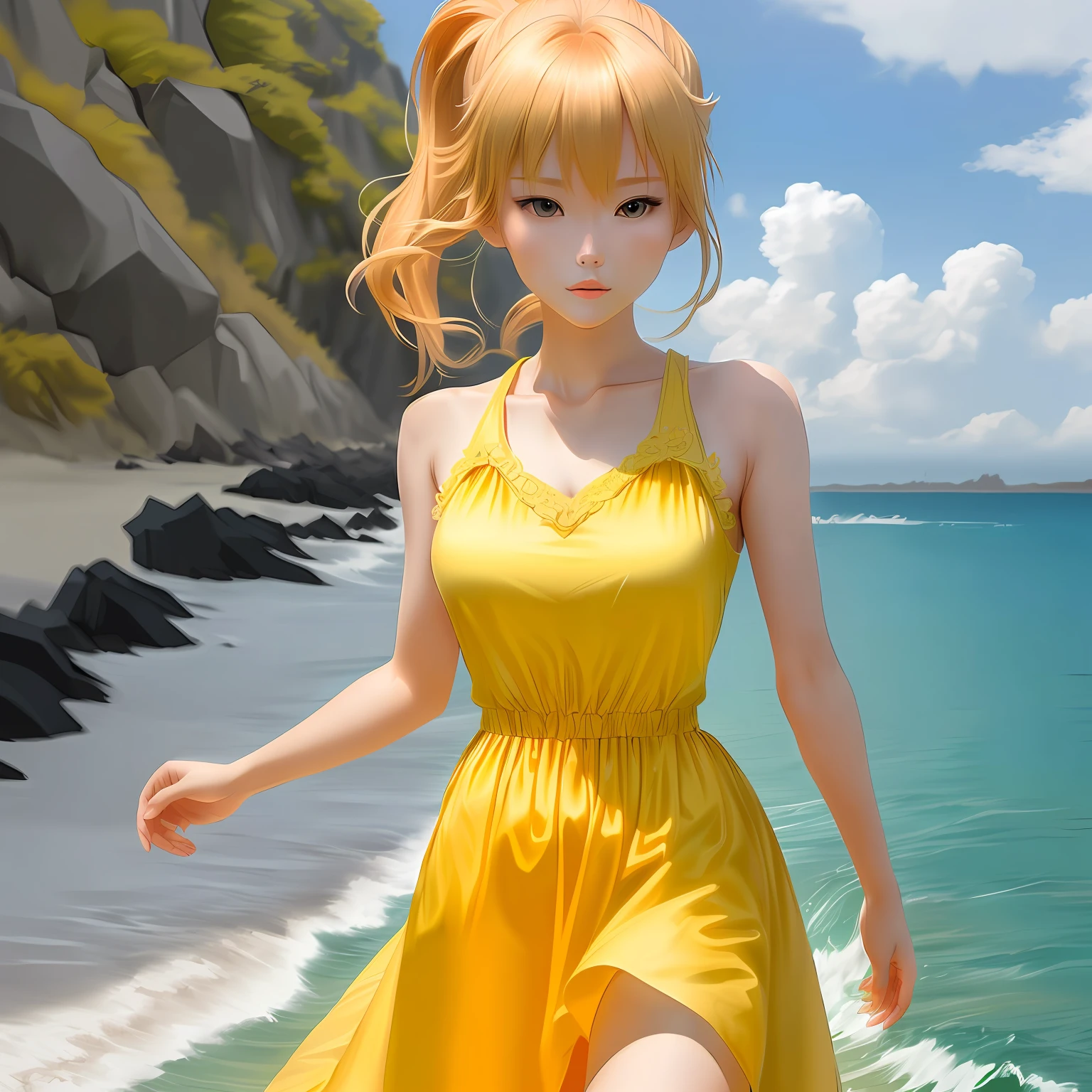 Neck slightly tilted，Silent smile，The long white gauze dress is light at the feet，Bright glow shines on yellow hair and yellow skin，Interwoven into a dreamlike picture，This is an 8K HD wallpaper full of temperament。 --auto