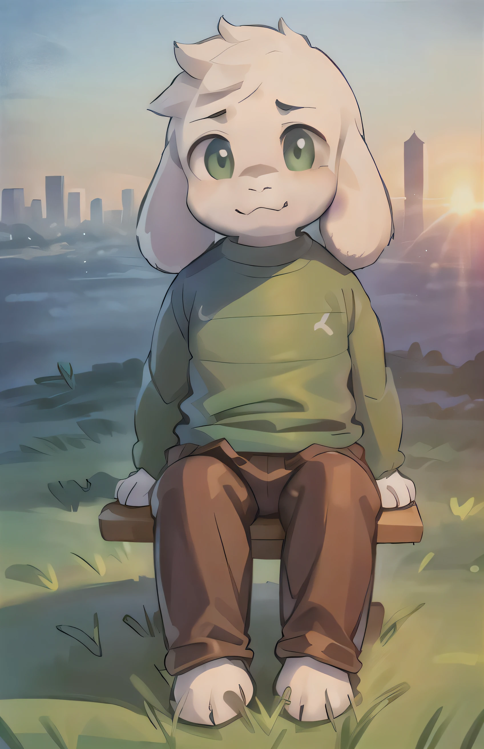 1boy, kid, goat, child, sunrise, city, ((((sit, looking on sky)))), (((green t-shirt, brown pants))), (best quality, ultra-detailed, best illustration, best shadow, masterpiece, high res, professional artwork, famous artwork), realistic paint, insane detailed green shine eyes, (((white fur)))