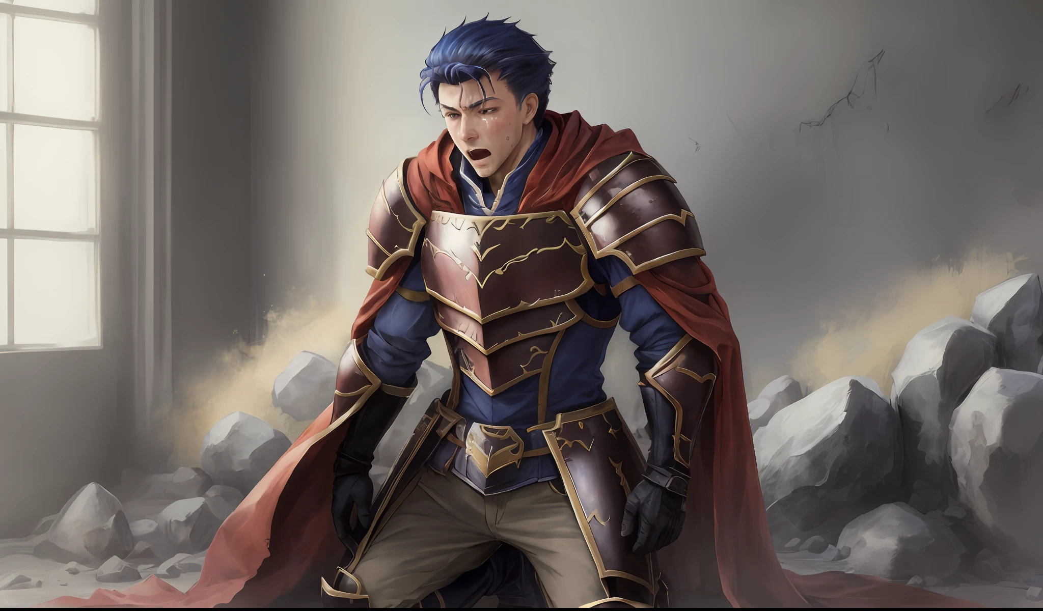 Hector Fey, 独奏, Kneeled upright,Kneel,looking at viewert,with her mouth open,drools,perspire, mitts, 1 boy,weeping,Be red in the face, Male focus, cloaks, Armour, Shoulder armor, skinny pants,
