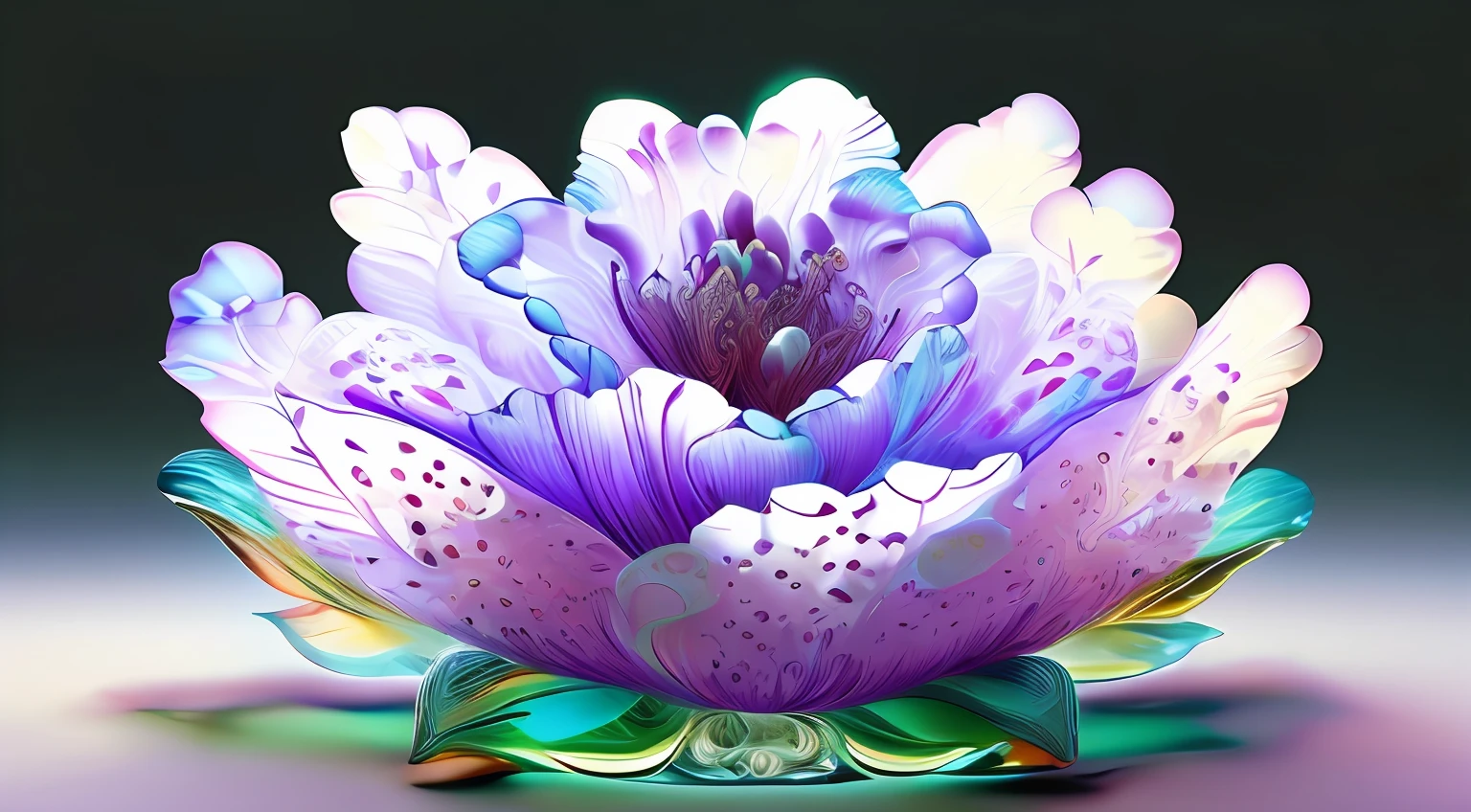 Translucent purple peony flowers, Glass petals，Petal material，Material de vidro, Hologram style, Exquisite sculptures, rich details​, Light pink and white gradient background,A miracle of digital art, Dreamy abstraction --auto