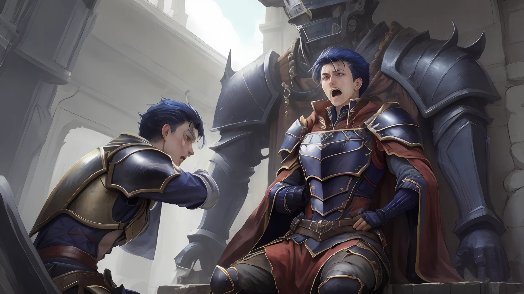 Hector Fey, 独奏,sit astride(Spread her legs),looking at viewert,with her mouth open,drools,perspire, mitts, 1 boy,weeping,Be red in the face, Male focus, cloaks, Armour, Shoulder armor, skinny pants,