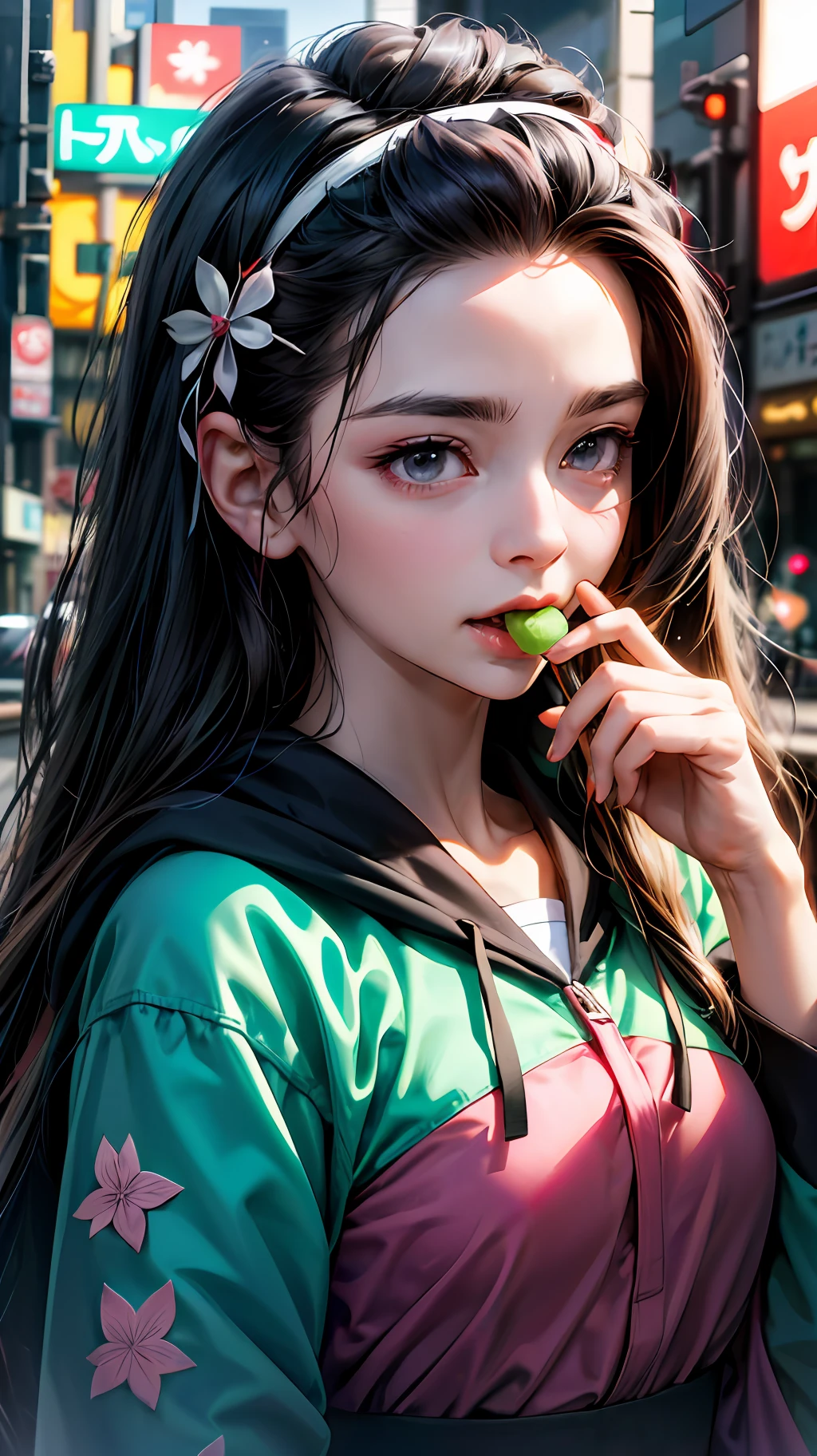 Potrait of a Nezuko, from kimetsu no Yaiba Universe, with amazing face, long black hair, chewing gum, cyberpunk style, at the city light of tokyo, using black hoodie with pink strip, holding a smartphone, high resolution, 4k, hd, realistic --auto