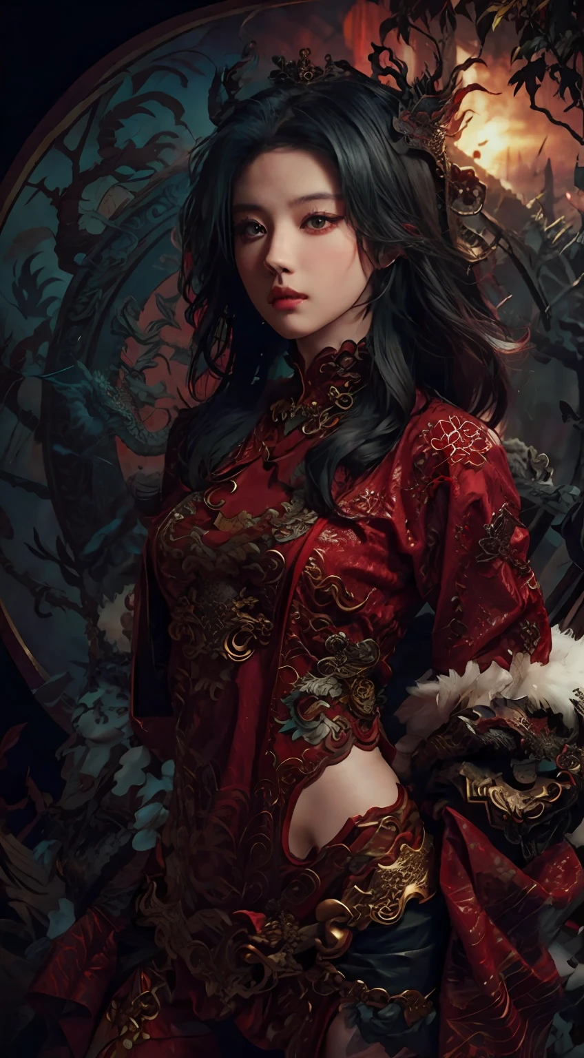 Dragon tattoo woman in red clothes