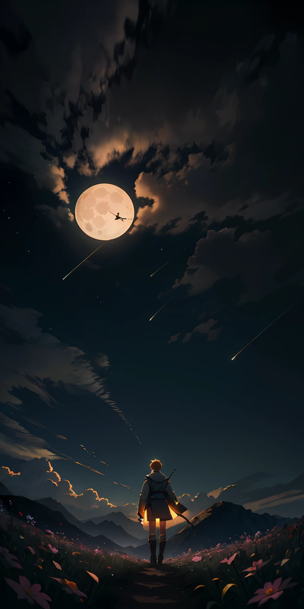 Vast landscape photos, (from below, the sky above, open fields below), a boy standing on a flower field looking up, (Full Moon: 1.2), (Meteor: 0.9), (Nebula: 1.3), Distant Mountains, Trees BREAK Making Art, (Warm Light Source: 1.2), (Firefly: 1.2), Lamps, Lots of Purple and Orange, Intricate Details, Volumetric Lighting BREAK (Masterpiece: 1.2), (Best Quality), 4K, Ultra Detailed, (Dynamic Composition: 1.4), Detailed, Colorful, (Iridescent: 1.2), (Glow, Atmospheric Lighting), Dreamy, Fantastic, (Solo: 1.2)