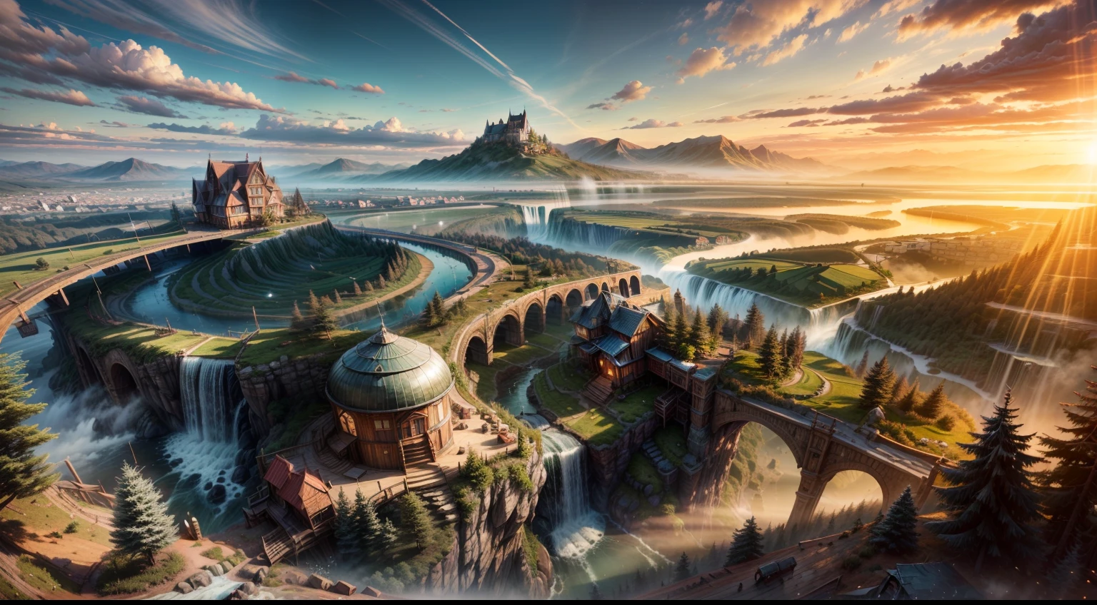 (a city made out of treehouses), (Masterpiece, Best Quality, Highly Detailed), HDR, high dynamic range, sharpness, octane render, realistic, high contrast), sunrise, light rays, (hills, mountains, water, river, waterfall), vibrant, colorful,