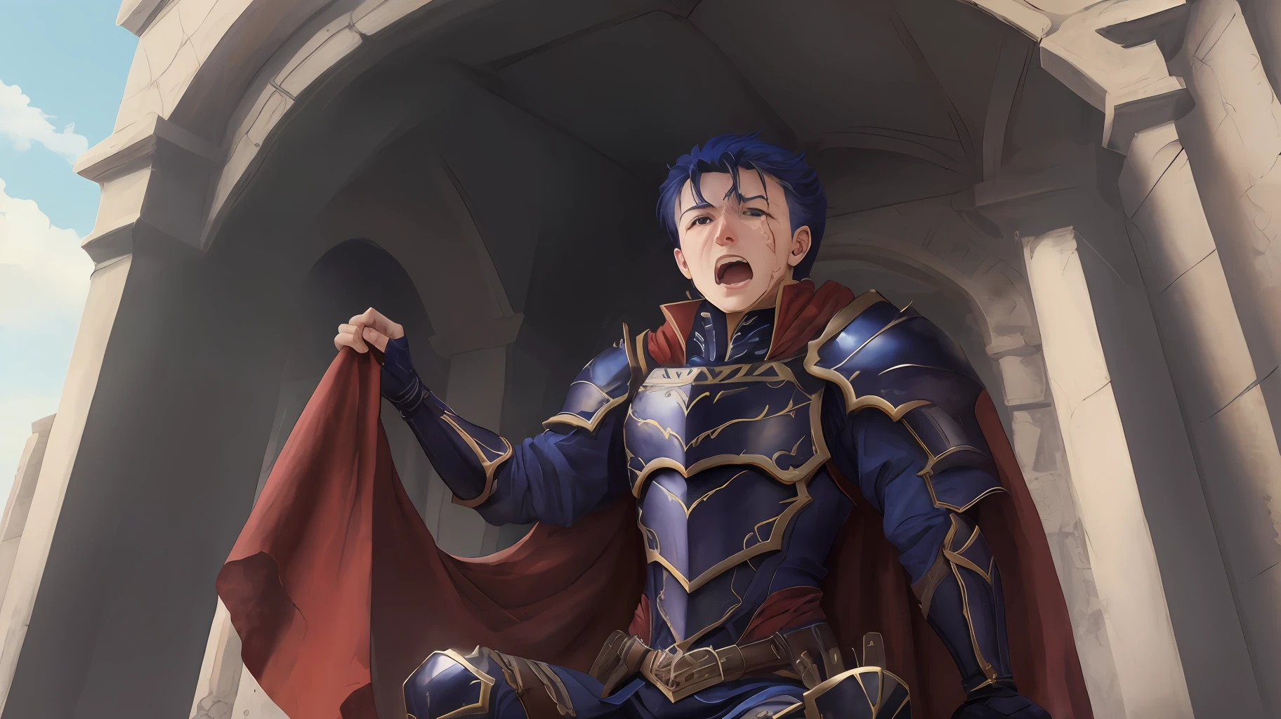 Hector Fey, 独奏,sit astride(Spread her legs),looking at viewert,with her mouth open,drools,perspire, mitts, 1 boy,weeping,Be red in the face, Male focus, cloaks, Armour, Shoulder armor, skinny pants,