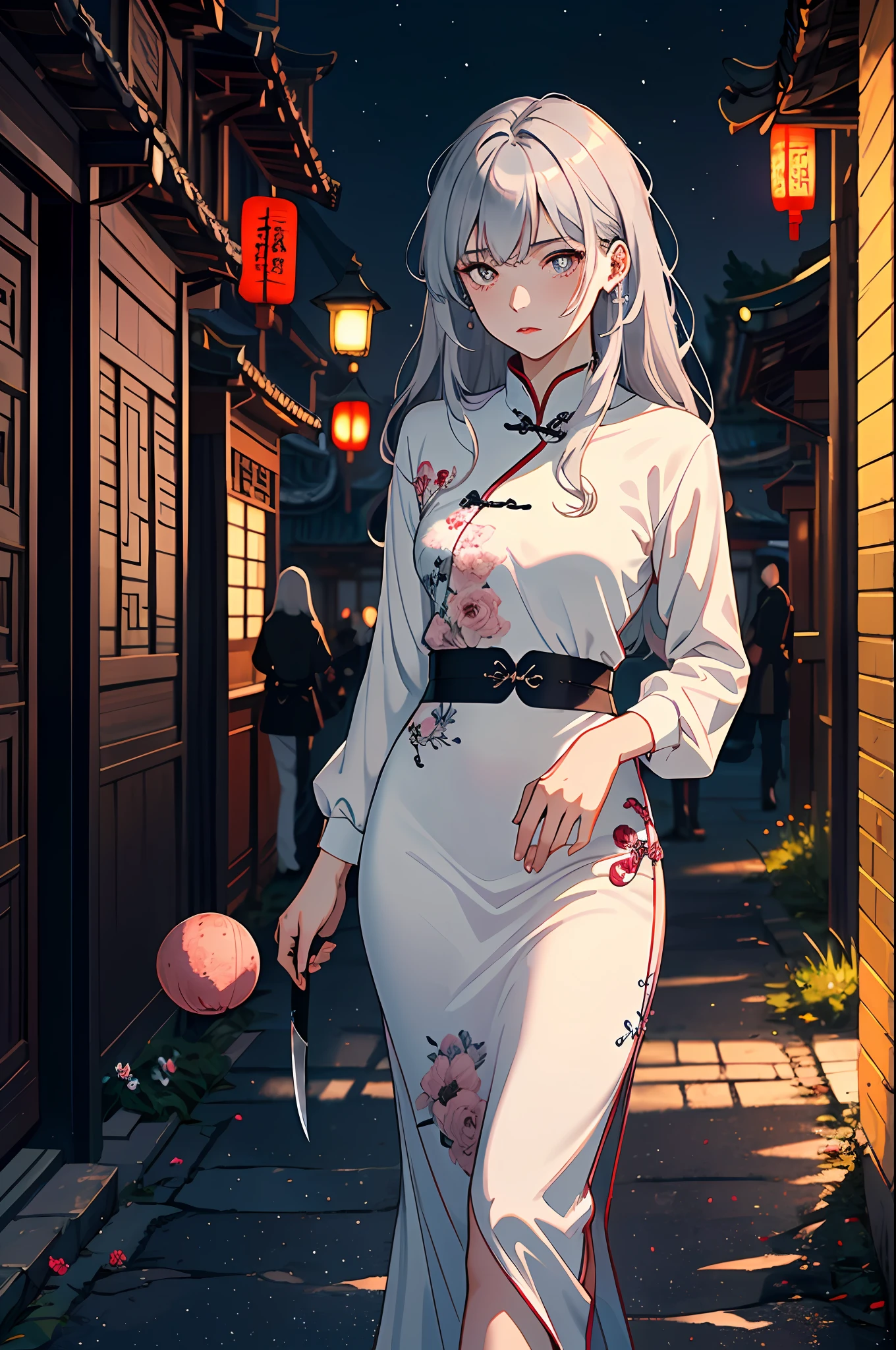 Masterpiece, Best Quality, Night, Full Moon, 1 Girl, Mature Woman, Chinese Style, Ancient China, Sister, Royal Sister, Cold expression, expressionless face, Silver white long haired woman, Light pink lips, Calm, Intellectual, Three belts, Gray pupils, Assassin, Short knife, Flower ball background, Strolling in the street scenery