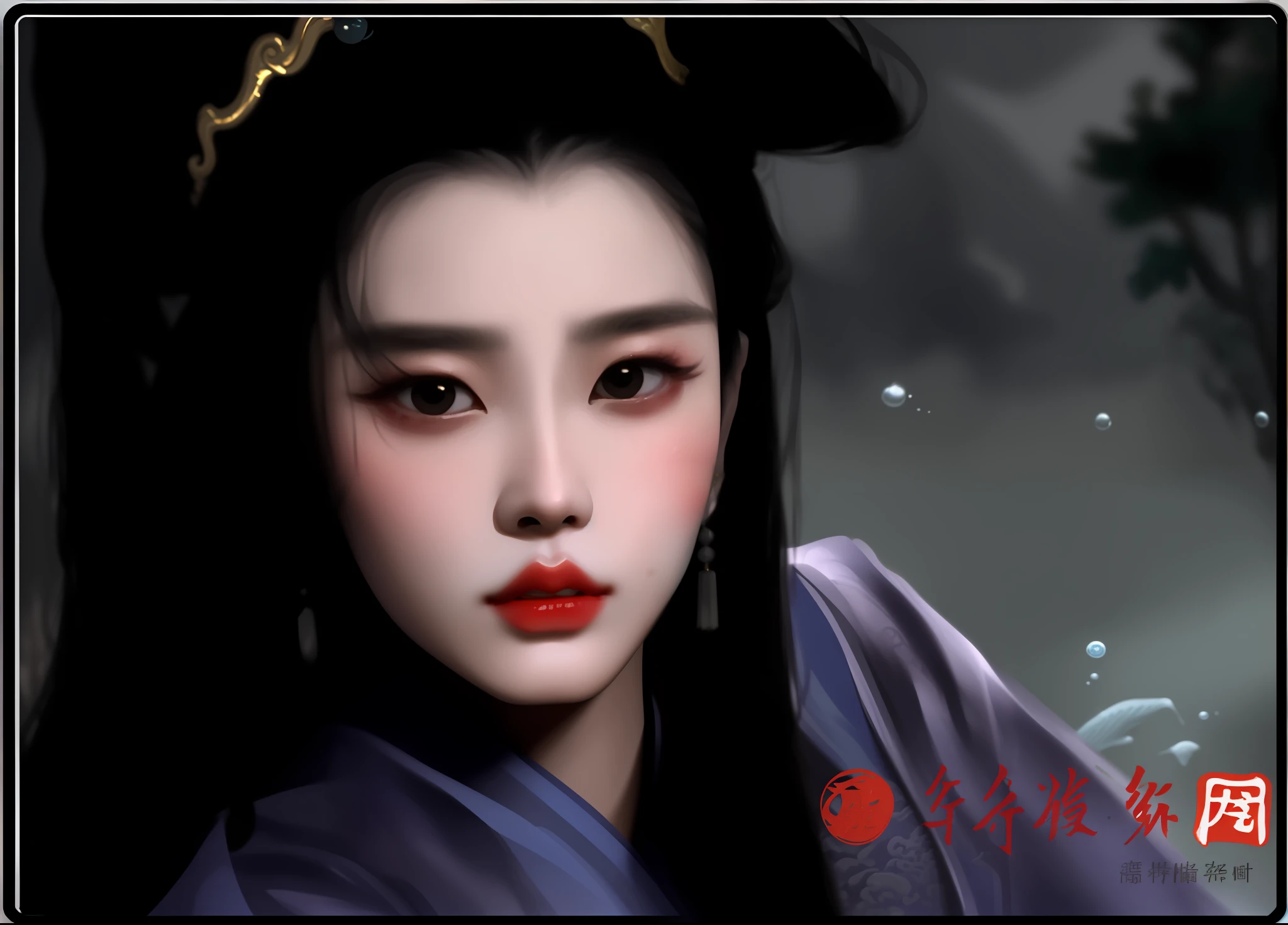 woman with long black hair standing in front of a tree, heise-lian yan fang, inspired by Chen Yifei, xue han, jen zee, gong li, jingna zhang, lu ji, wu liu, long flowing hair underwater, mu pan, wang liang, by Chen Yifei, queen of the sea mu yanling, maggie cheung