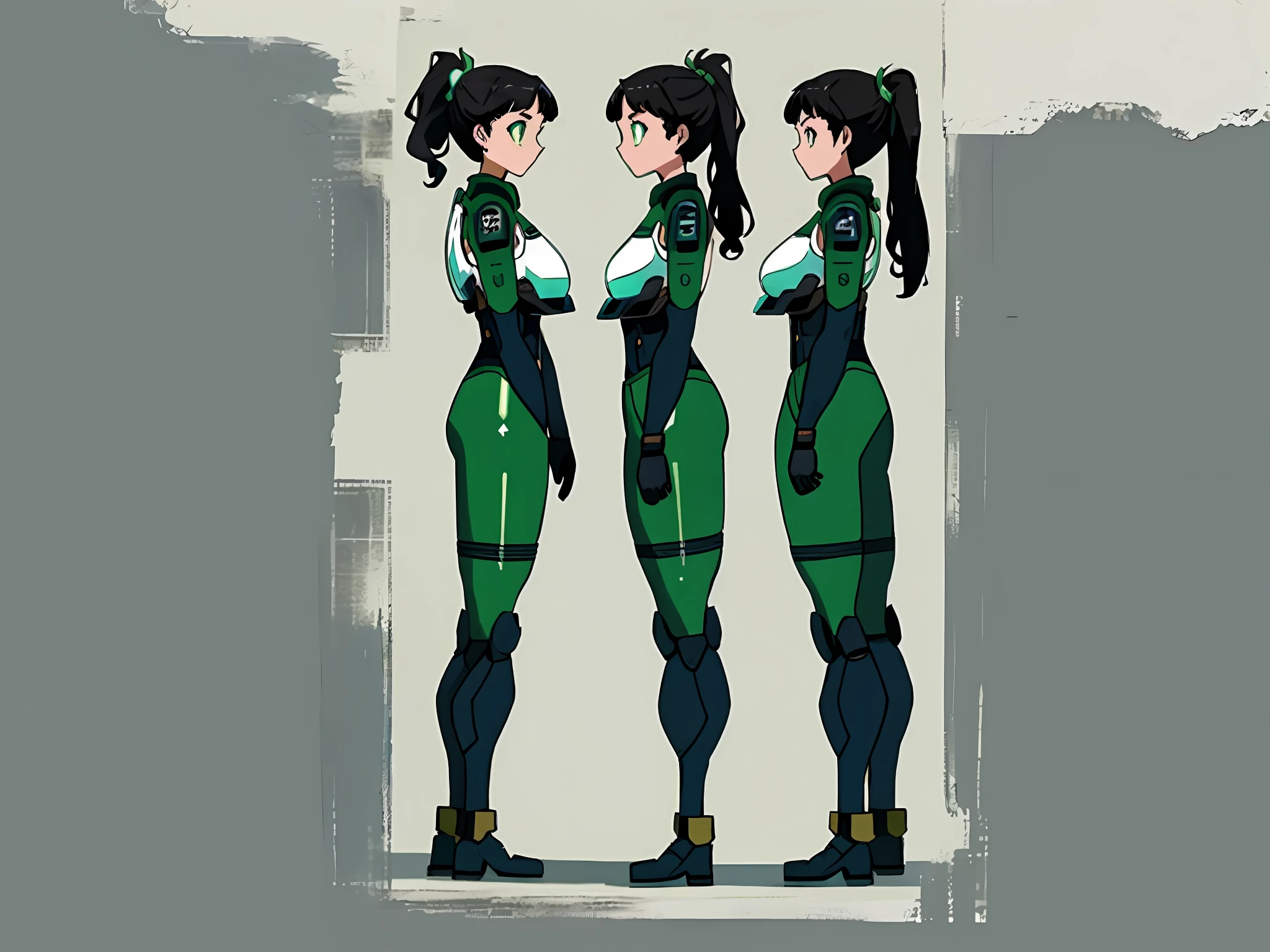 ((masterpiece)),(((best quality))),（character design sheet,Same role,frontage,Lateral face,on  back),illustration,1个Giant Breast Girl,Black hair,middle score,High ponytail，Green eyes，modern day，Handsome,The environment changes,hairstyle fax，，female pervert，Green suit，，charturnbetalora，（simplebackground，white backgrounid：1.3），--6