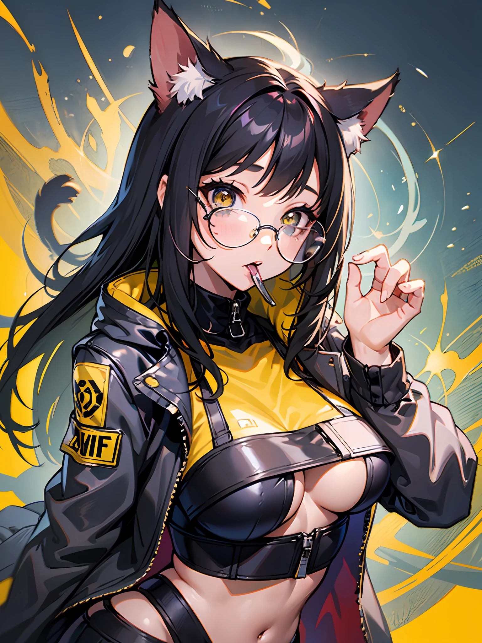 (((1girll))),Cat ears,cabelos preto e longos,vests,jaket,cowboy lens,eye glass,medium boob,yellow backdrop,with her mouth open,Be red in the face,