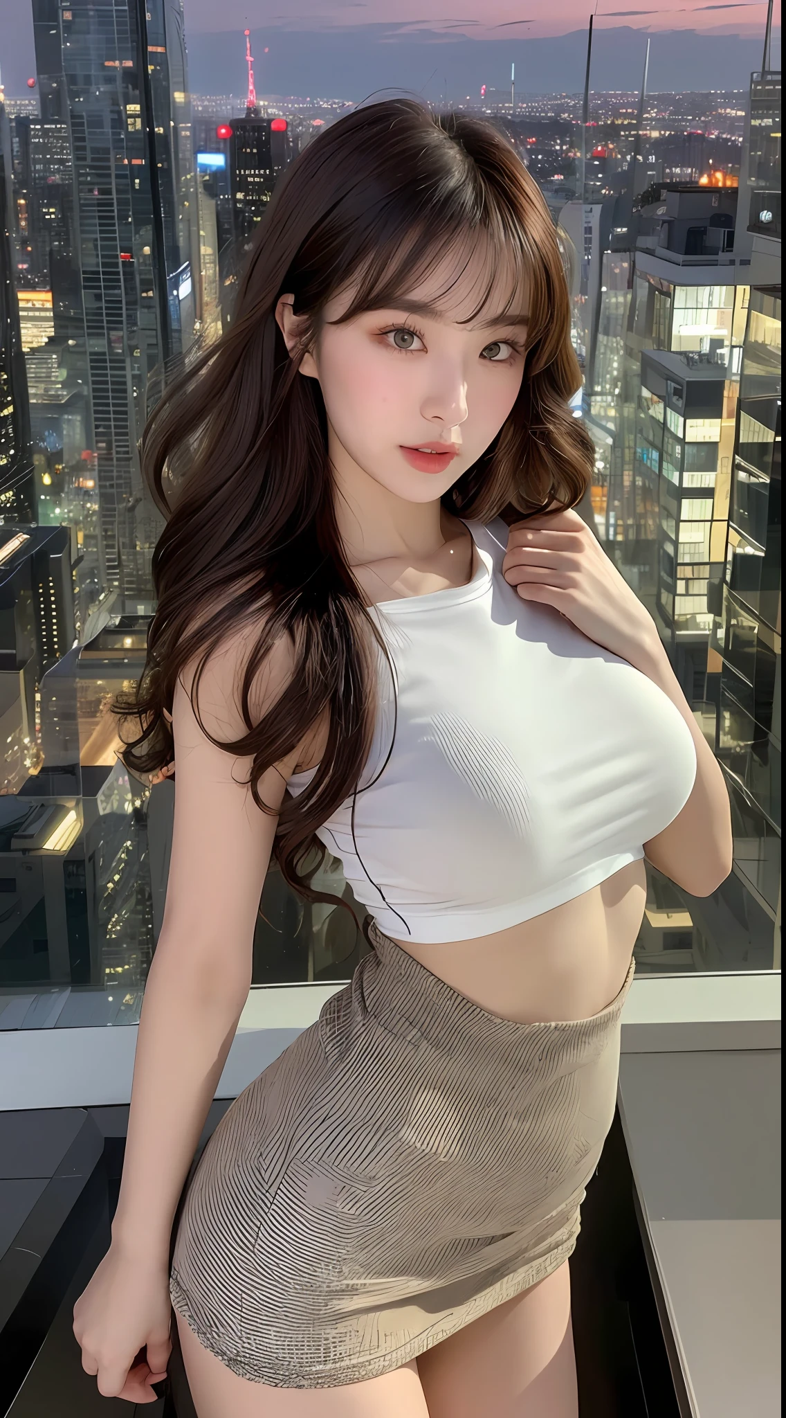 ((Midnight, Best quality, 8k, Masterpiece :1.3)), Whole body, Long legs, Sharp focus :1.2, A pretty woman with perfect figure :1.4, Slender abs :1.1, ((Dark brown hair, Big breasts :1.2)), (White tight tshirt, Jean bib, Standing:1.2), ((Night city view, Rooftop:1.3)), Highly detailed face and skin texture, Detailed eyes, Double eyelid, sunset, darken, backlit, off shoulder