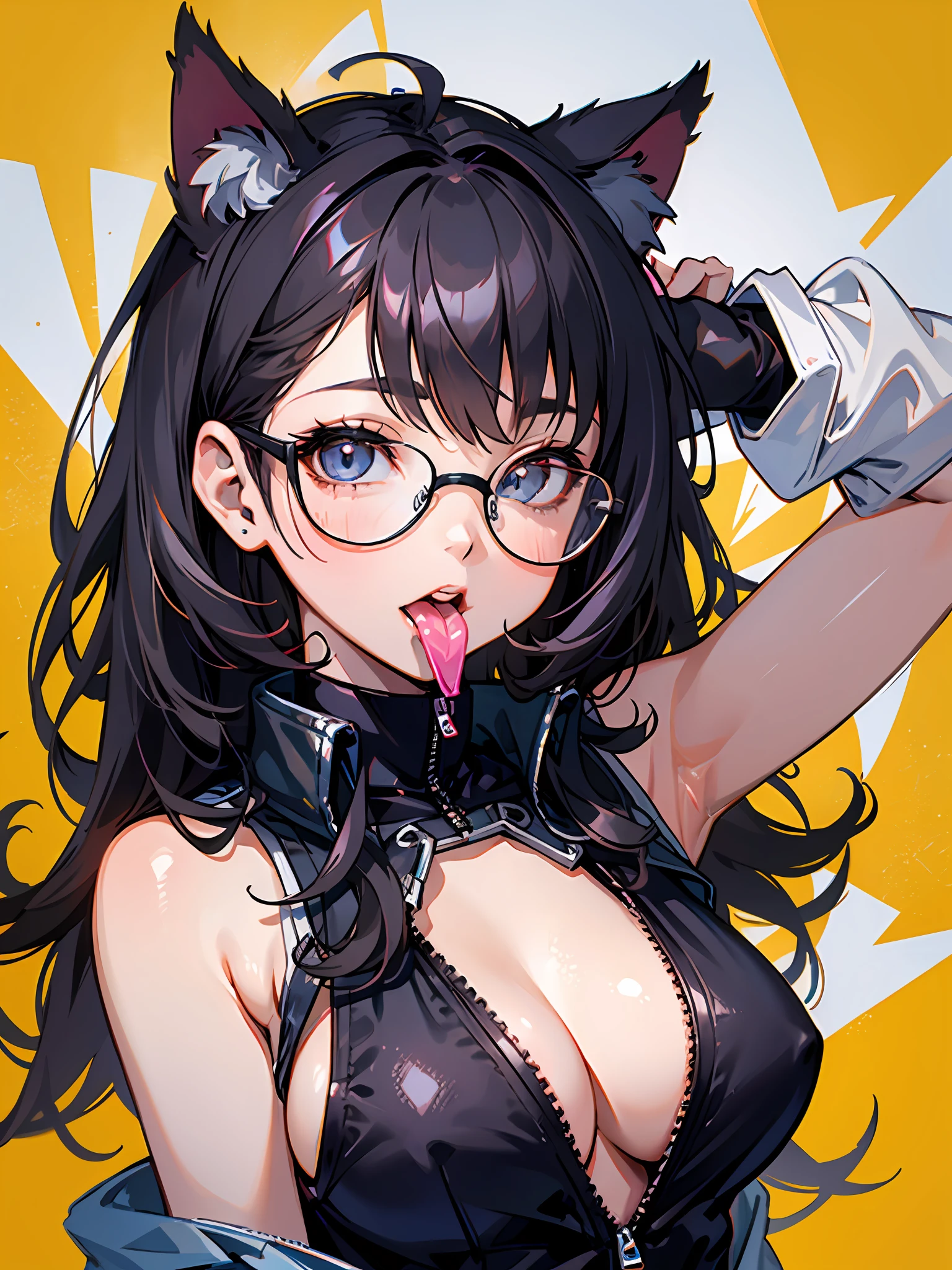 （（（1girll））），Cat ears，cabelos preto e longos，vests，jaket，cowboy lens，eye glass，medium boob，yellow backdrop，with her mouth open，Be red in the face，