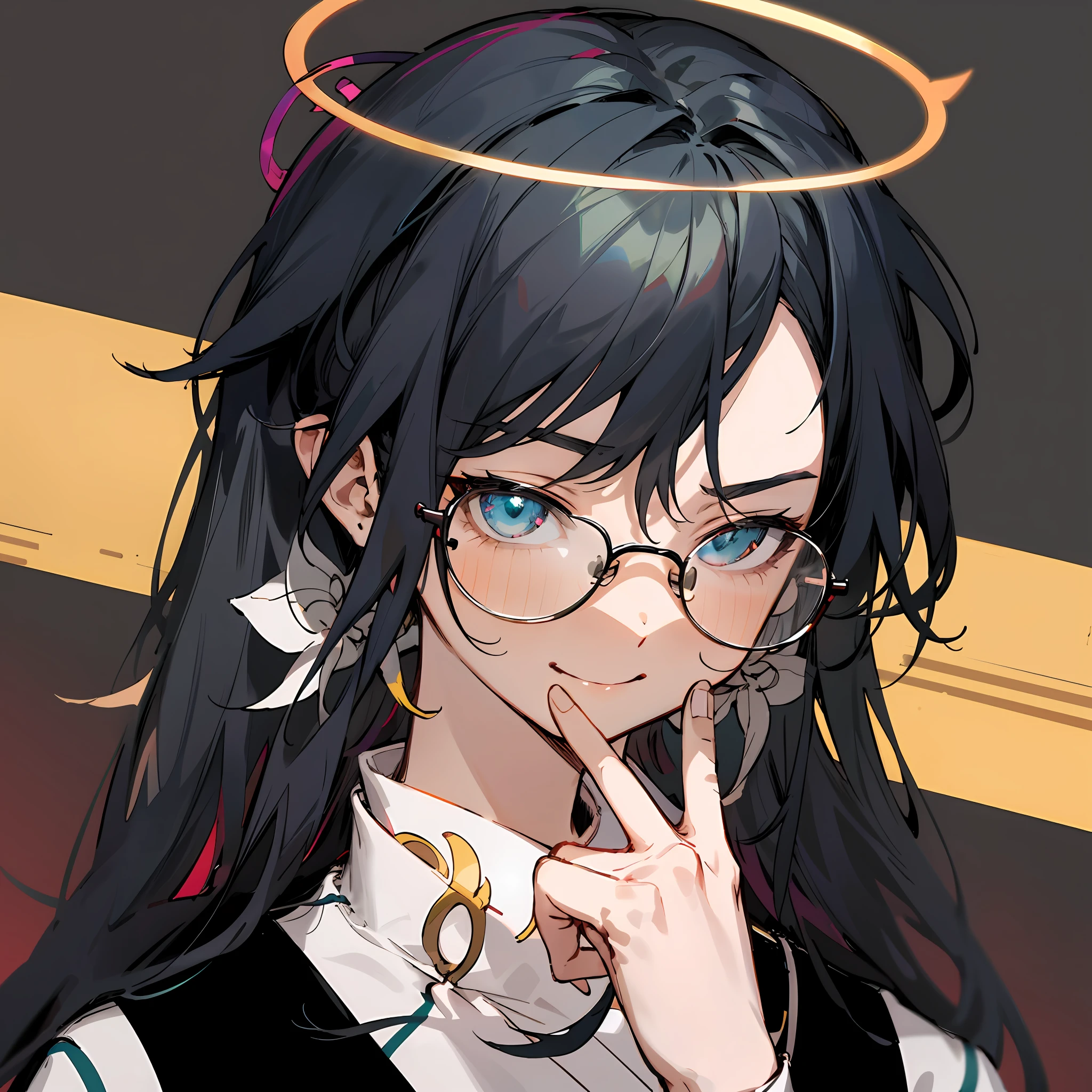 Anime girl with angel halo and glasses, Anime moe art style, in an anime style, 2 d anime style, In anime style, with index finger, demon slayer rui fanart, Handsome Japanese demon girl, inspirado em Okumura Masanobu, Handsome girl in Demon Slayer art, Anime art style, style of anime,A teasing smile