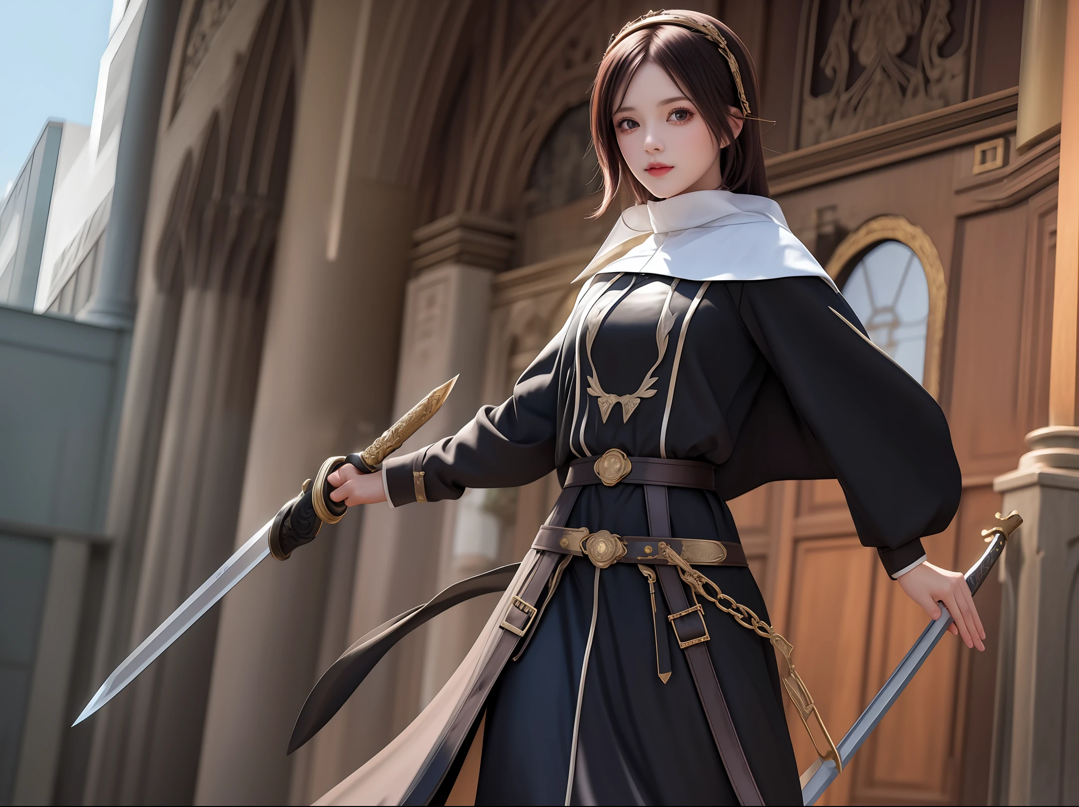 Female friar, sword-wielding black long straight, woman dressed as a man, absolutely beautiful, excellent, masterpiece