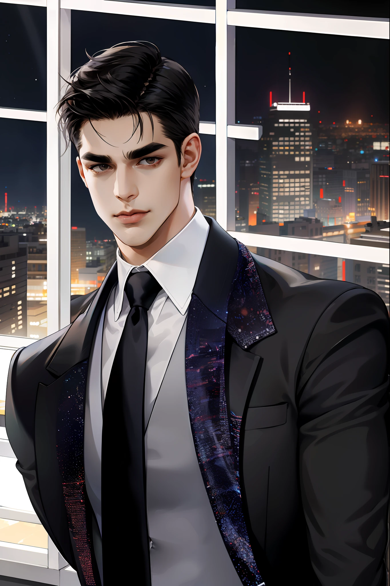 (absurdres, highres, ultra detailed), (1 male, solo, adult, mature:1.4, aged up:1.4, old age, tall muscular guy, broad shoulders, handsome), very short hair, black hair, pomade, brown eyes, (angular jaw:1.4, thick neck:1.4, thick eyebrows:1.4), BREAK, night, dark, the night view of the city through a large window, formal suit, necktie, BREAK, upper body,