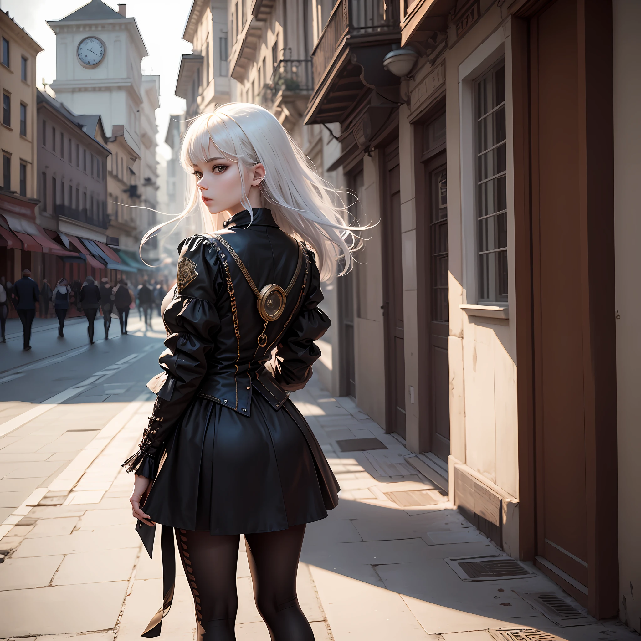 tmasterpiece，best qualtiy，超高分辨率，steampunk wind，Young beautiful girl with white hair，Wear steampunk-style clothes，Standing on Balcony，With his back to the camera，The lens is off-top，Take a look at the square below，The square is bustling，a sea of people