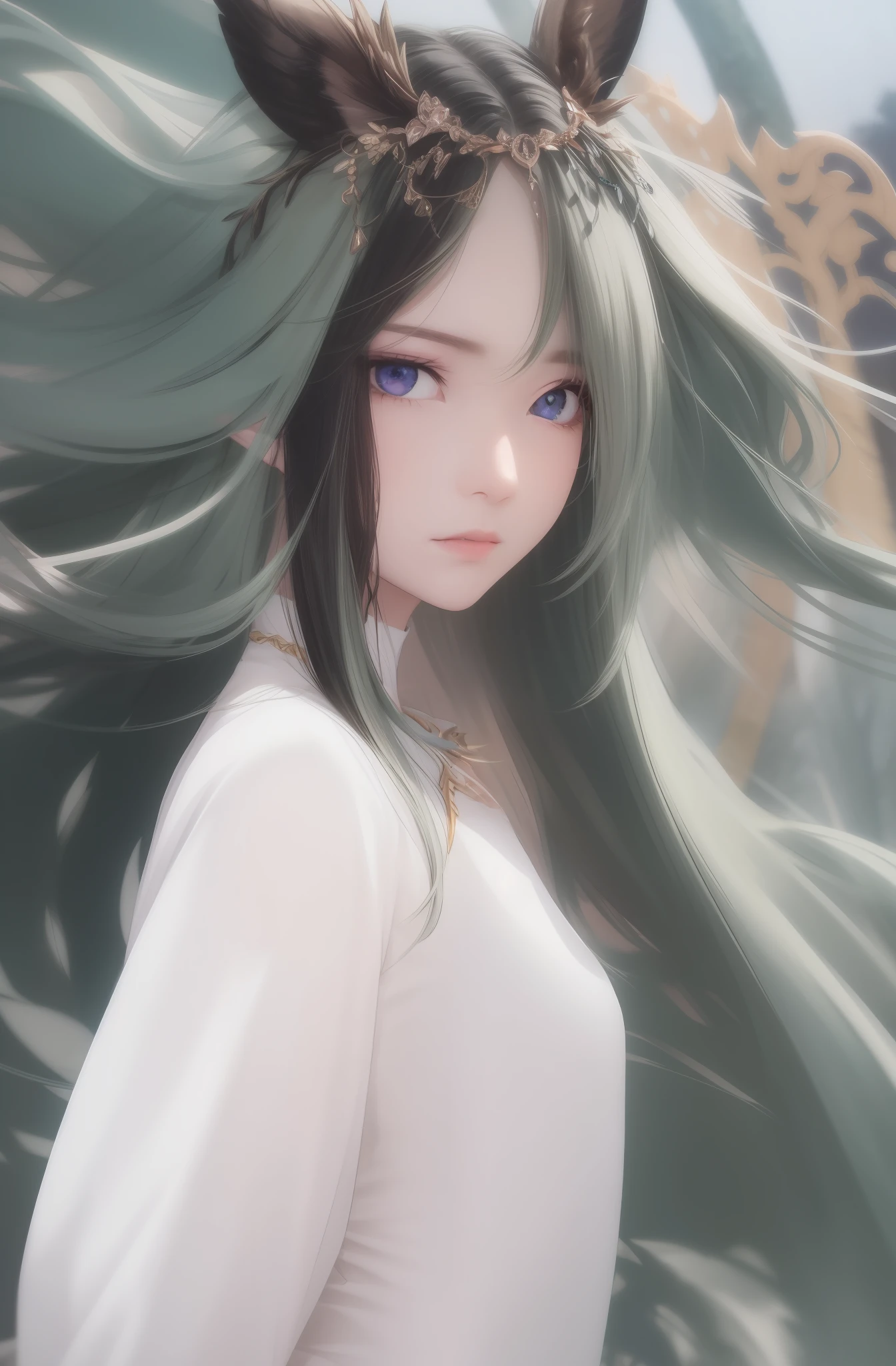 long ear,blueneyes,the elf,long whitr hair,年轻,a beauty girl ,brunette color hair,beast ear,rays of sunshine , ln the forest,Dress revealingly,ellegance