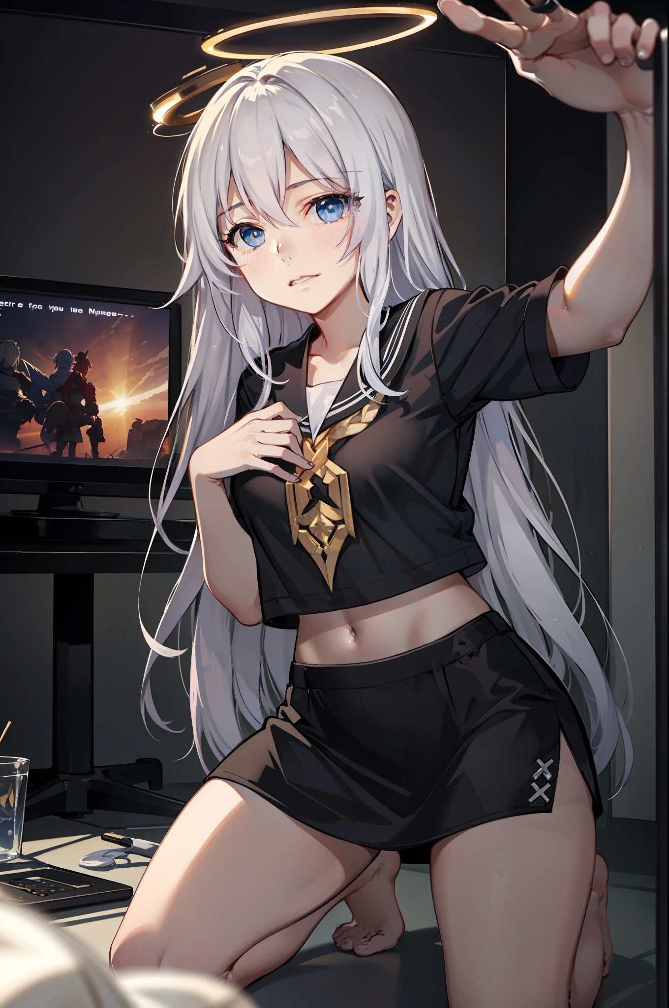 巨作, Best quality, 巨作,Best quality,offcial art,Extremely detailed Cg Unity 8K wallpaper, eventide, strong rimlight, intense shading, gaming console_CG, Girl, hair between eye, Blue eyes, Small breasts, tsurime, Long hair, White hair, Putting up with_face, Kneeling, Naughty_face, serafuku,full bodyesbian,,metal halo,a glowing halo,