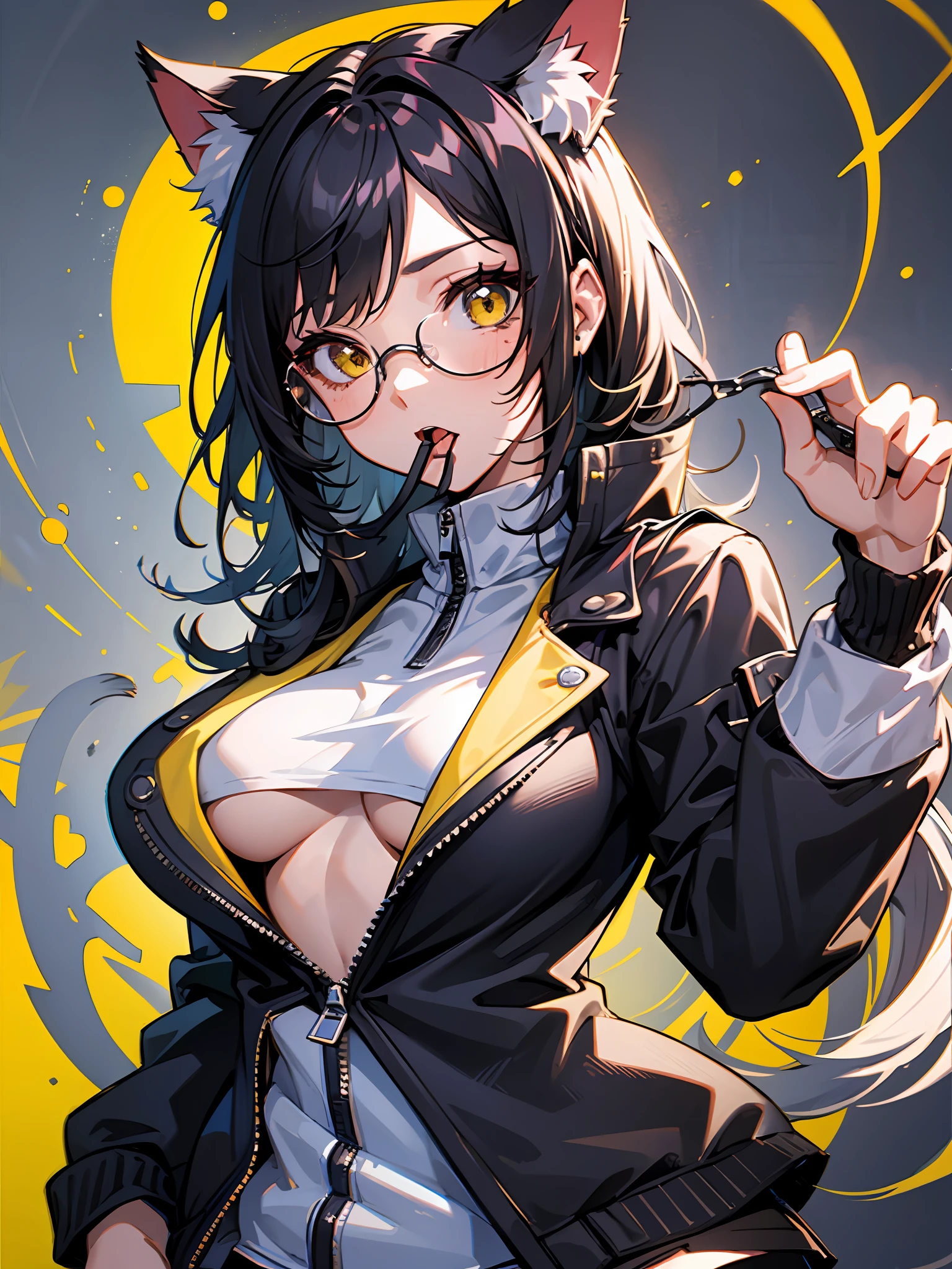 (((1girll))),Cat ears,cabelos preto e longos,vests,jaket,cowboy lens,eye glass,medium boob,yellow backdrop,with her mouth open,Be red in the face,