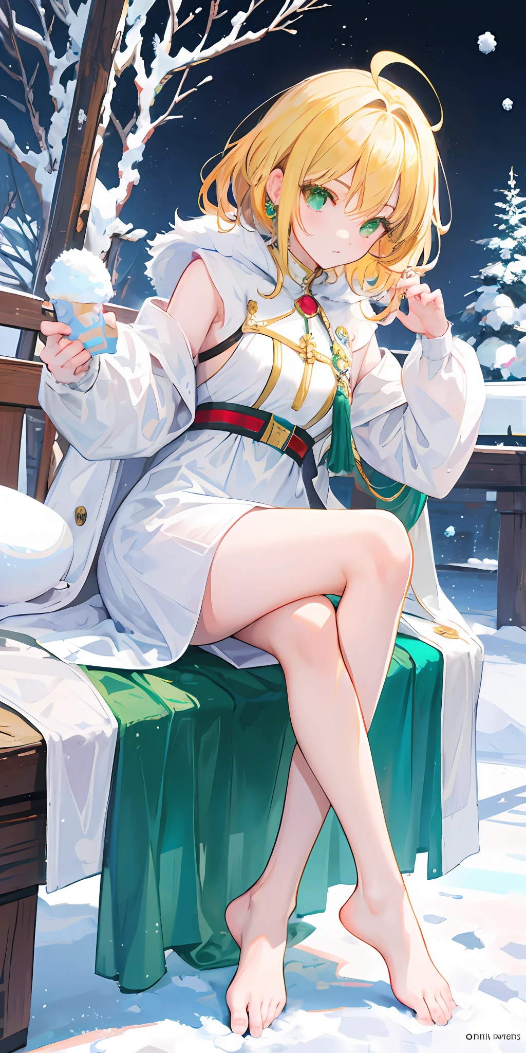 golden hair,Green eyes,Short white dress,Bare-legged jade feet,snowy day,tmasterpiece,Ultra high quality