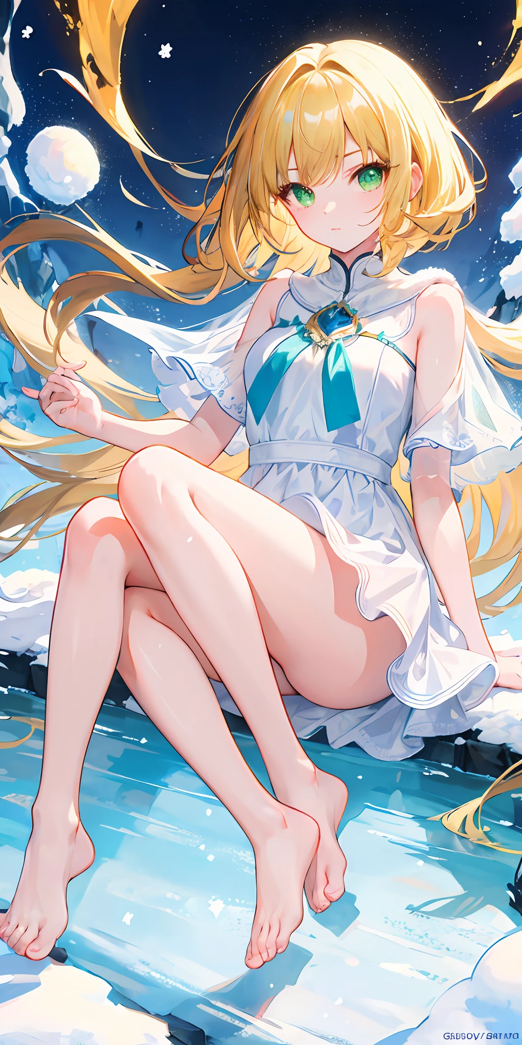 golden hair，Green eyes，Short white dress，Bare-legged jade feet，snowy day，tmasterpiece，Ultra high quality