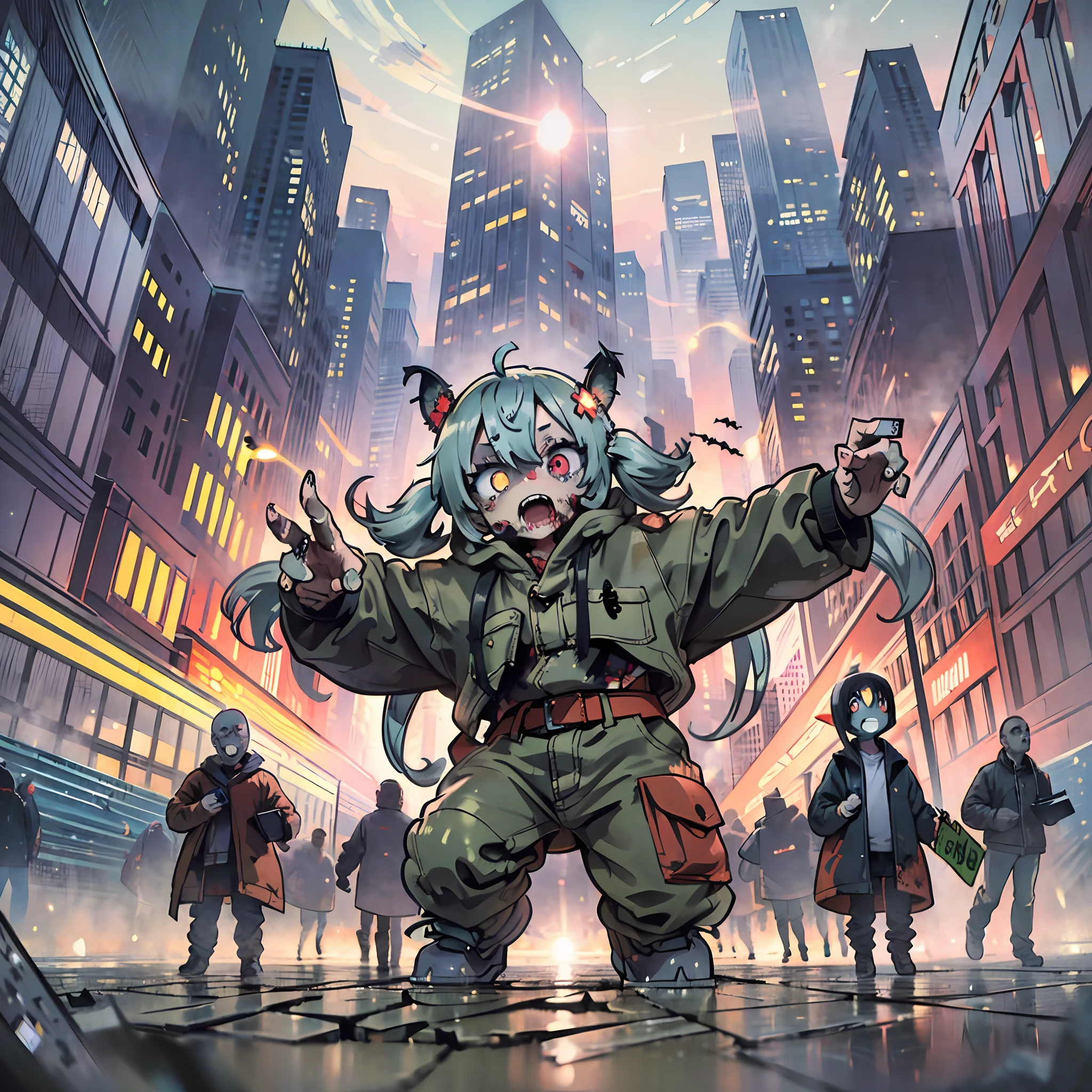(award winning 8k abstract concept art:1.3) of (mad giant zombie chibi in the background, open mouth, scared crowd:1.3), extremely detailed background, darkness, flash, sweet, front, epic, (masterpiece:1.4), (best quality:1.4), Amazing, beautiful, finely detailed, (Depth of field:1.4), 8k, fine art, stunning, (light reflections:1), (crisp:1.6), red twin tails, vibrant, (edge detection:1.4), absurdres, impressive, 120mm, clear, lens flare, wide shot, wide angle, scenery, powerful