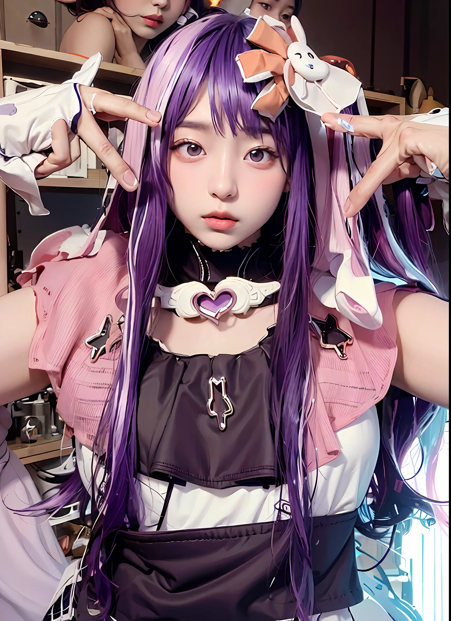 Photorealsitic, hight resolution, 1 rapariga, Korea person, Purple hair color、Pink mesh hair