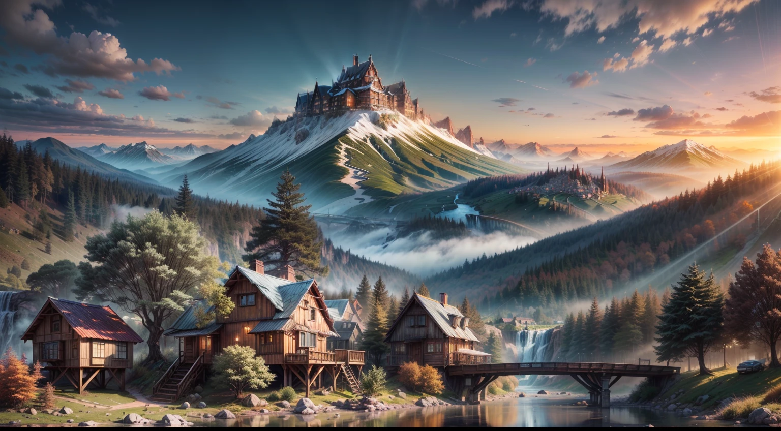 (a city made out of treehouses), (Masterpiece, Best Quality, Highly Detailed), HDR, high dynamic range, sharpness, octane render, realistic, high contrast), sunrise, light rays, (hills, mountains, water, river, waterfall), vibrant, colorful,