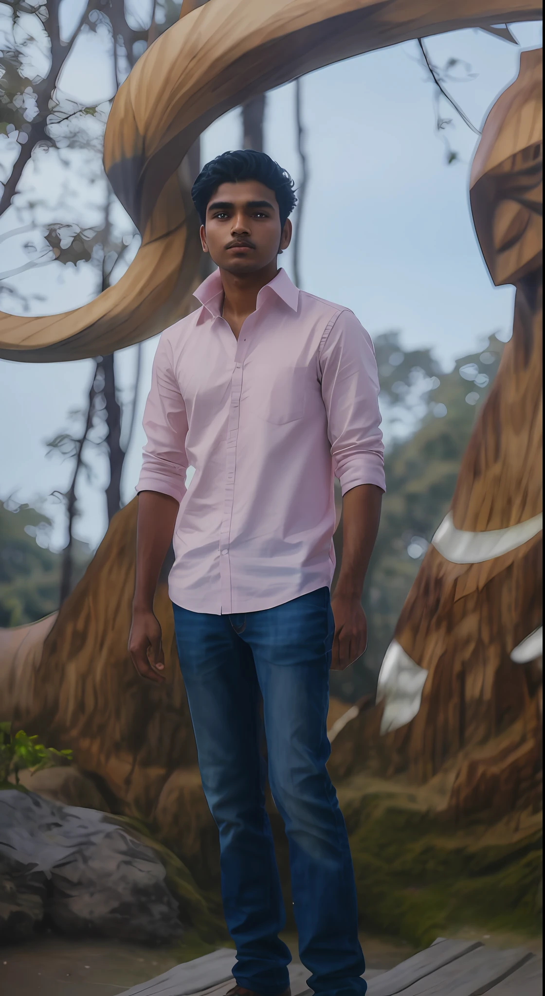 there is a man standing on a wooden platform in front of a sculpture, around 1 9 years old, with lovely look, very very low quality picture, candid picture, profile pic, very artistic pose, in front of a forest background, very clear picture, ayan nag, candid photo, real picture taken in zoo, high quality upload, jayison devadas