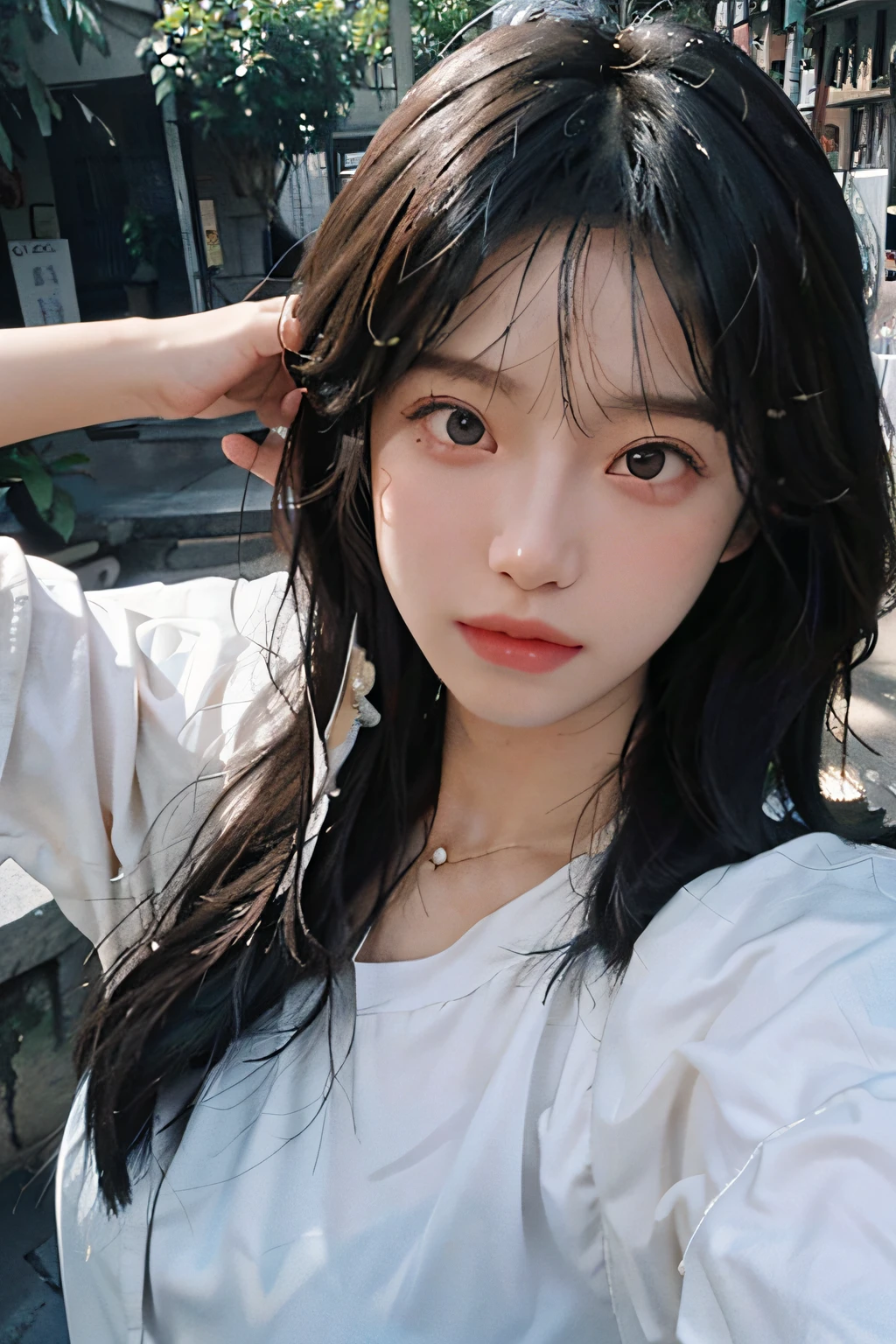 (detailed and realistic portrait of a girl with a clean face), (round eyes and long flutters hair shot outside),staring at camera,magical photography, dramatic lighting, photo realism, ultra-detailed,
 intimate portrait composition, (centered image composition),(close up shot:1.6),best quality,f/1. 8, 85mm,
(28years asian woman), black_hair,(black_eyes:1.2),(bangs),makeup,white_dress,
(hazy blue_sky_background)