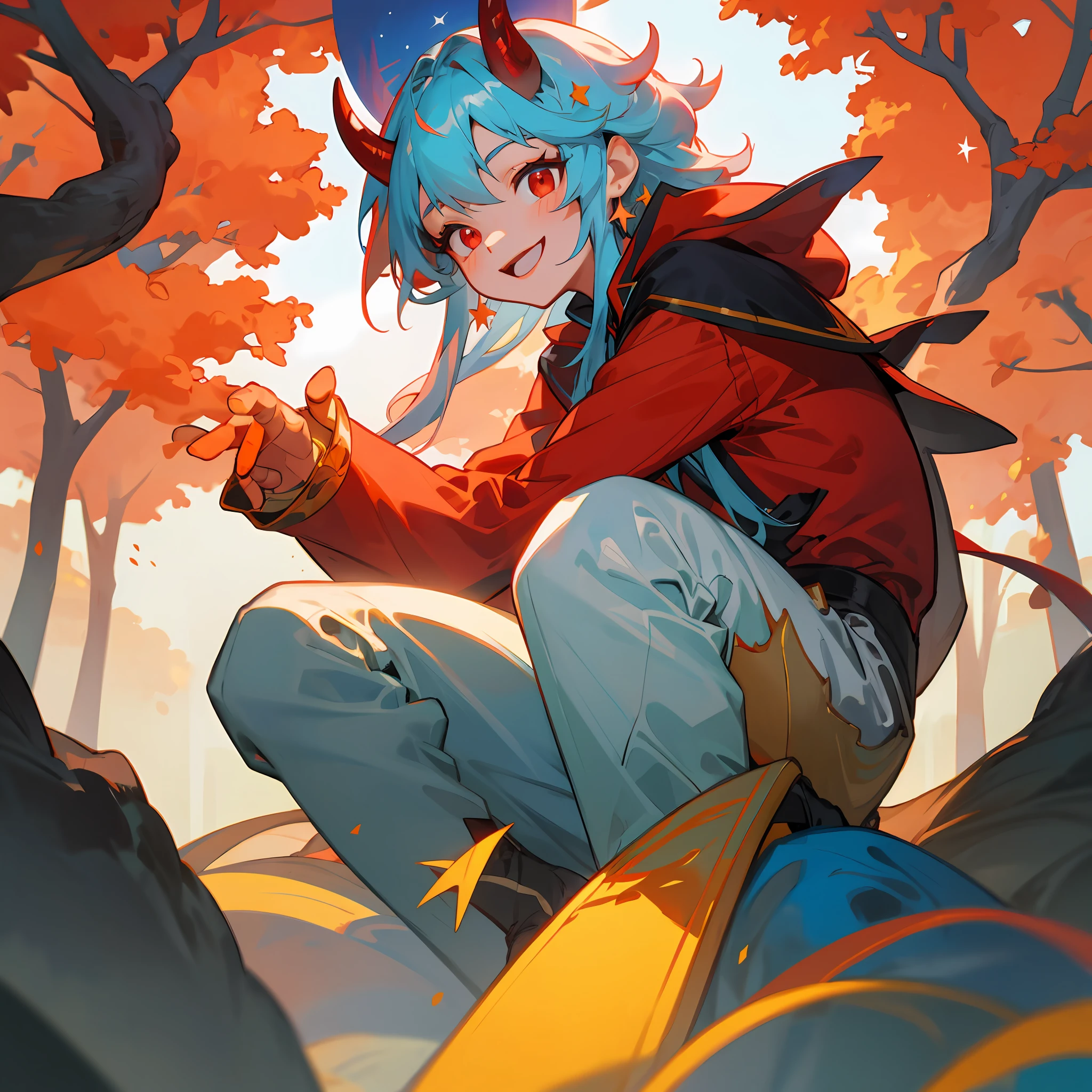 Asia face,A boy sits on top of a star,On the head is a red demon horn,blue long hair,Red eyes,cheerfulness,fantasy,rays of sunshine,tree shade,Colorful,As estrelas