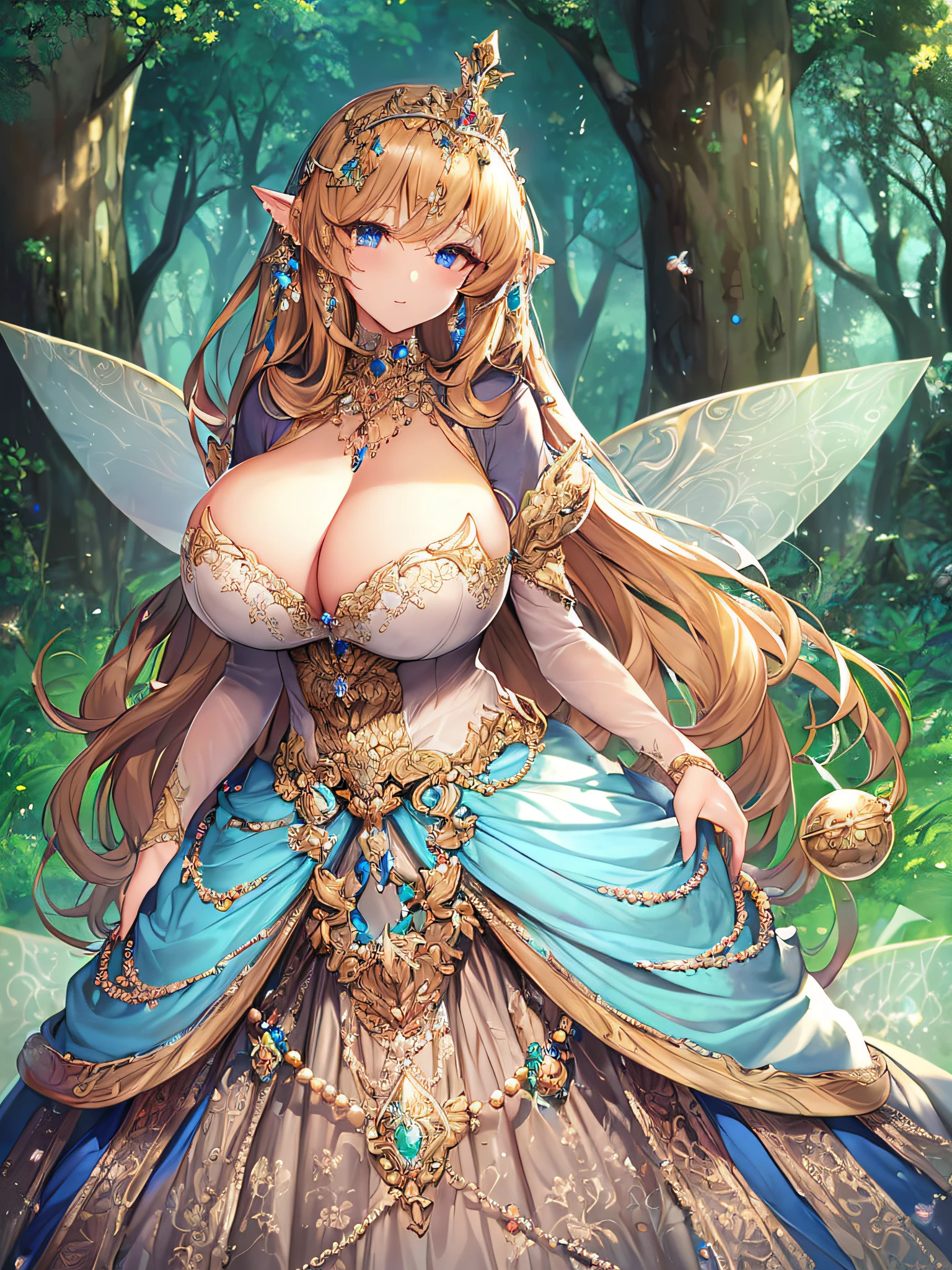 ((anime artstyle)),(Masterpiece),(Best Quality), (Super Detail),((Very Delicate and Beautiful)),Focus on character,Dynamic Angle,Looking at viewer,((Solo)),standing,((full body)),((one fairy tale princess in gorgeous ball gown with voluminous skirt)),detailed face and eyes,(fairy wings),jewel-like eyes,((Very Long voluminous Hair)),gorgeous embroidery and lace,See-through,ornate ruffles,(Gorgeous jewelry ornaments),luxury hair ornament,luxury tiara with jewels,(gigantic breasts,Long breasts),(outdoor,fairy tale forest),fairy tale atmosphere,full body,(((jeweled gorgeous ball gown with voluminous skirt))),