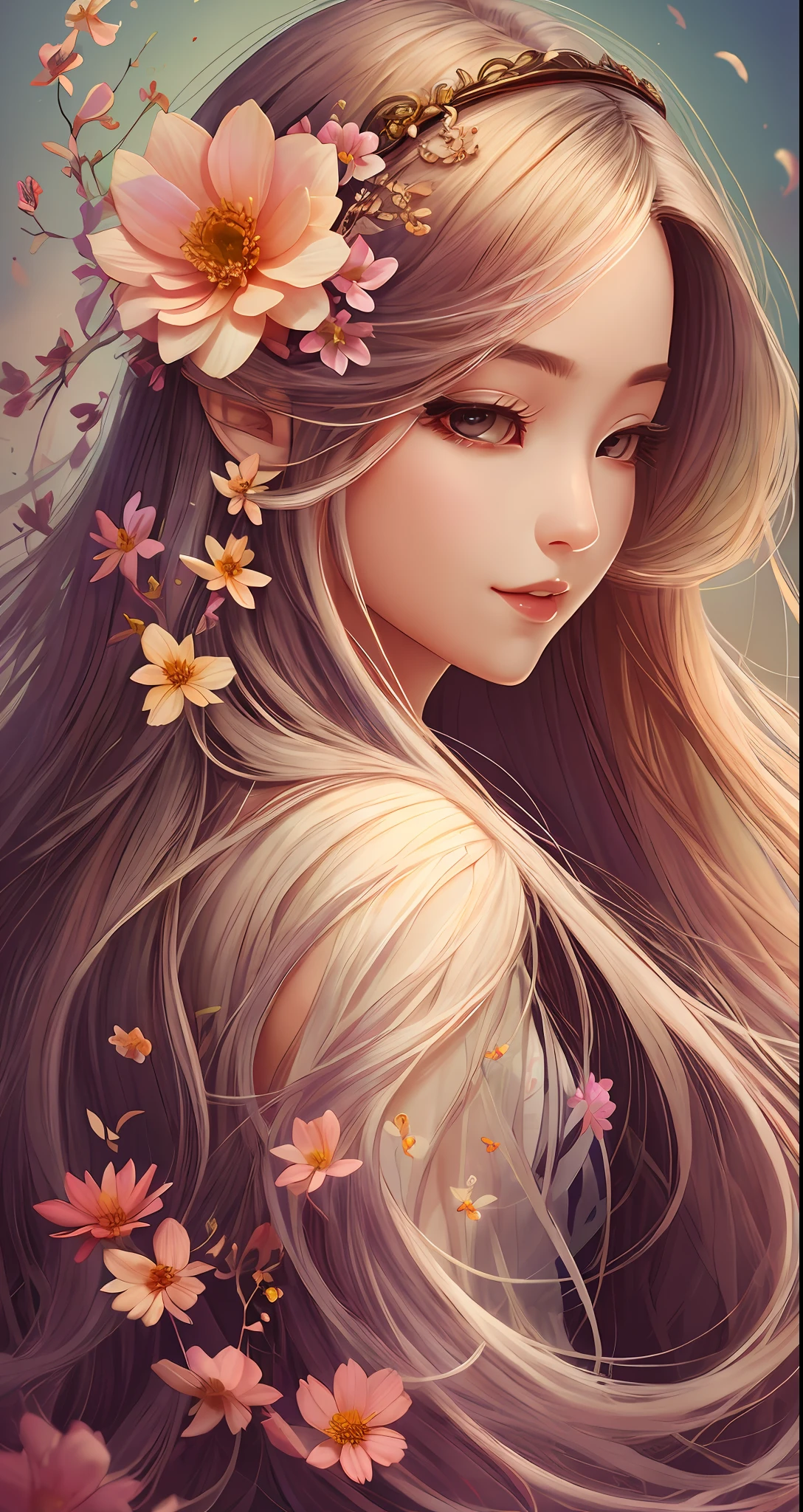 Gear 00D, Beautuful Women, ((Wide Focus)), Long hair, Gradient Hair, hairaccessories, Floating hair, flower, detail portrayal、masutepiece、ultra-detailliert、top-quality、