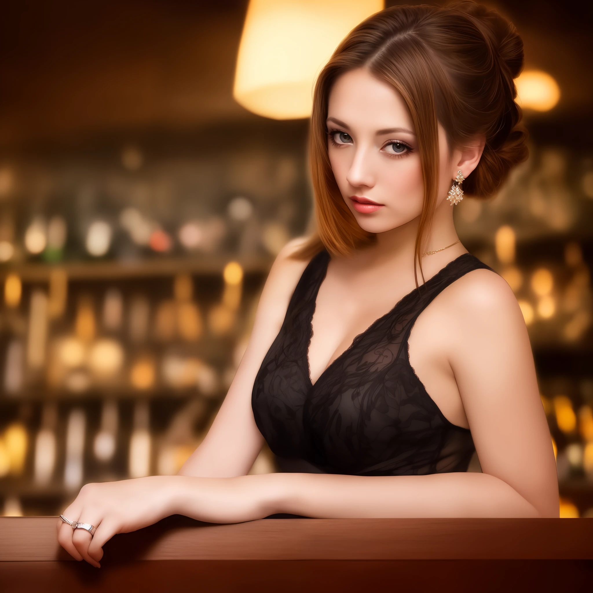 portrait photo of  jenna beautiful woman hair updo upsweep nightclub sitting at bar (masterpiece) (best quality) (detailed) (8k) (HDR) (wallpaper) (cinematic lighting) (sharp focus) (intricate)