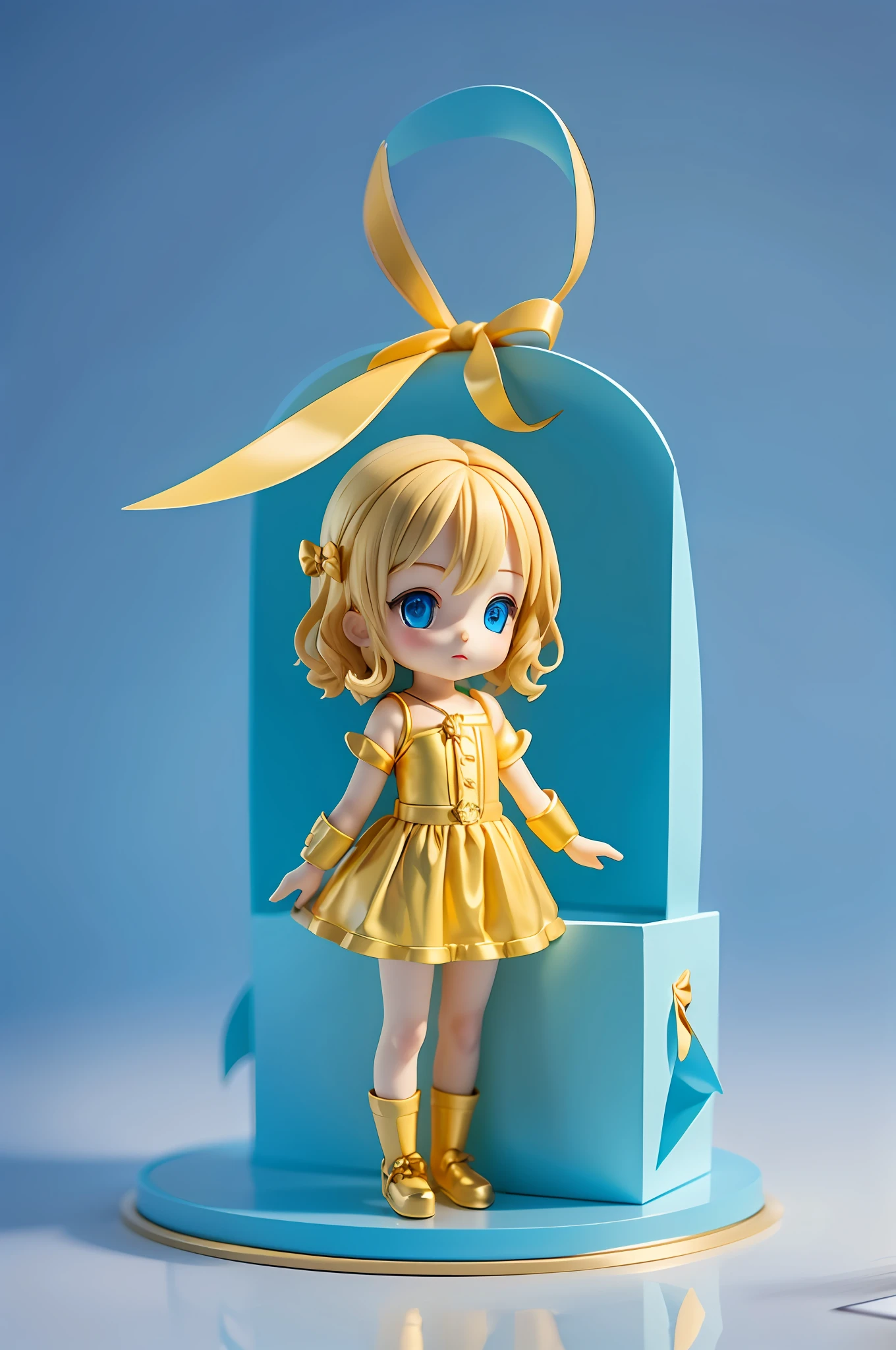 （best qualtiy：0.8），（best qualtiy：0.8），（The lower body is hidden in a gift box），Petite girl image，Playful，with short golden hair，blue color eyes，4k画质