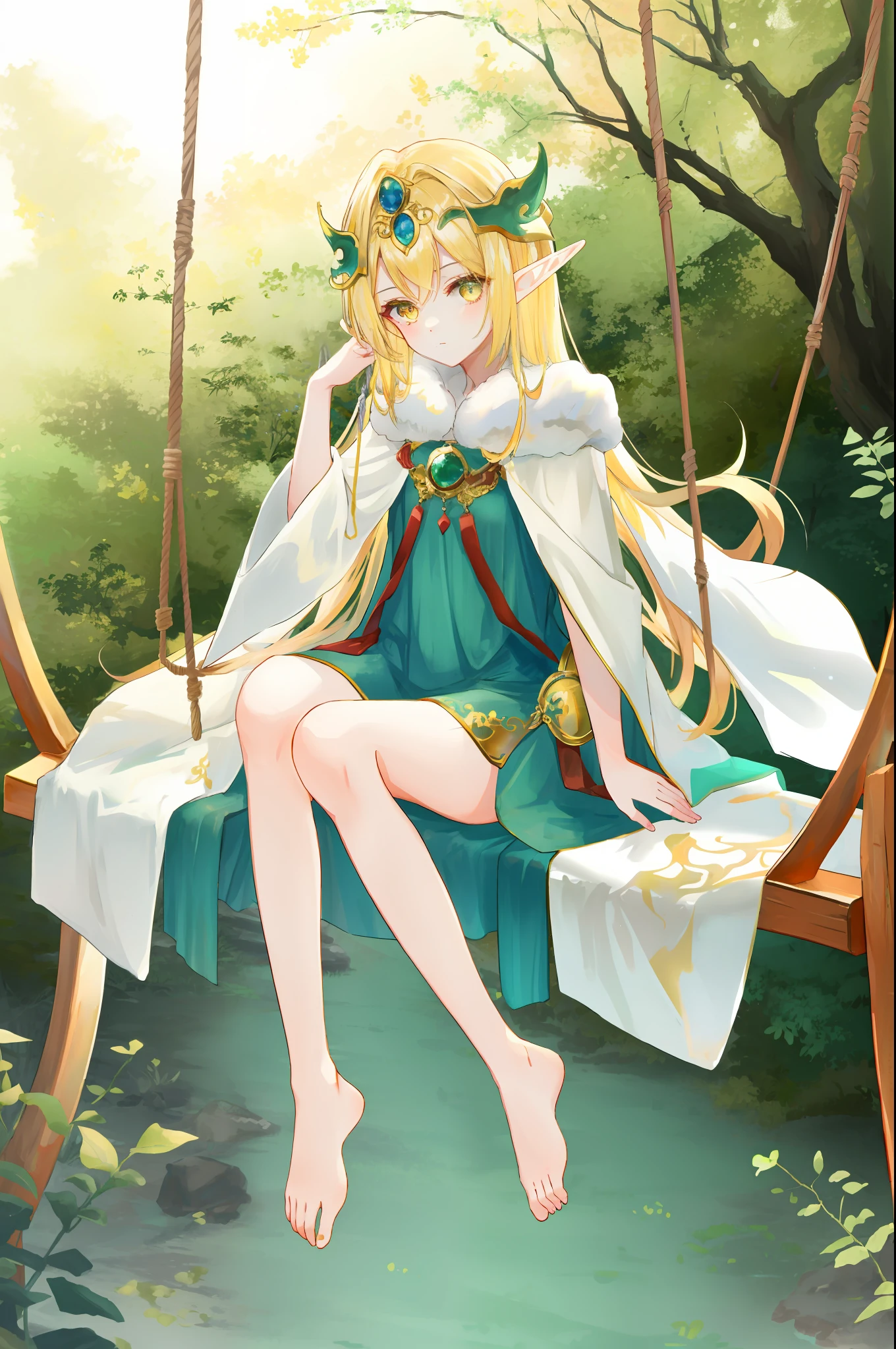 Golden hair,Golden eyes,Elf Princess,Manteau blanc,Sit on a swing in the forest，Bare-legged jade feet,tmasterpiece，Ultra high quality