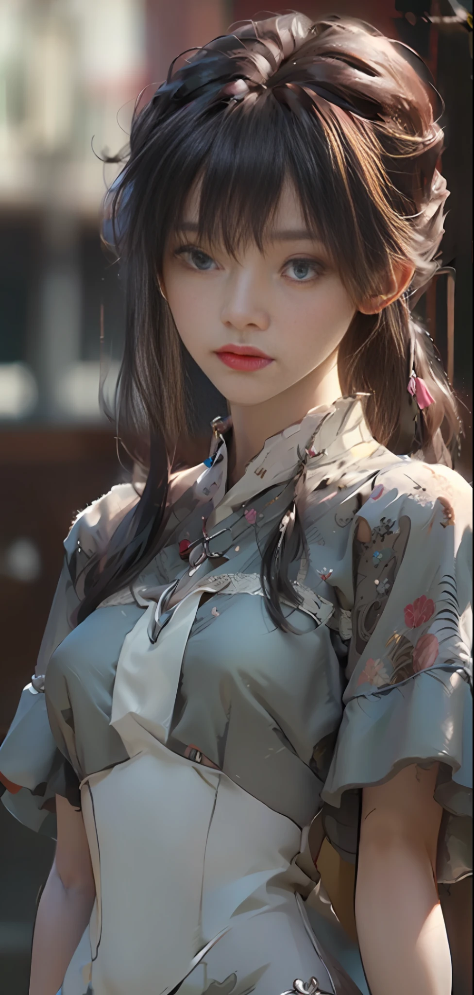 Best quality, masterpiece, high resolution, 1girl, porcelain dress, hair accessories, necklace, jewelry, beautiful face, on the body, Tyndall effect, realistic, dark studio, edge lighting, two-tone lighting, (high detail skin: 1.2), 8k UHD, dslr, soft light, high quality, volumetric light, candid, photo, high resolution, 4k, 8k, background blur,