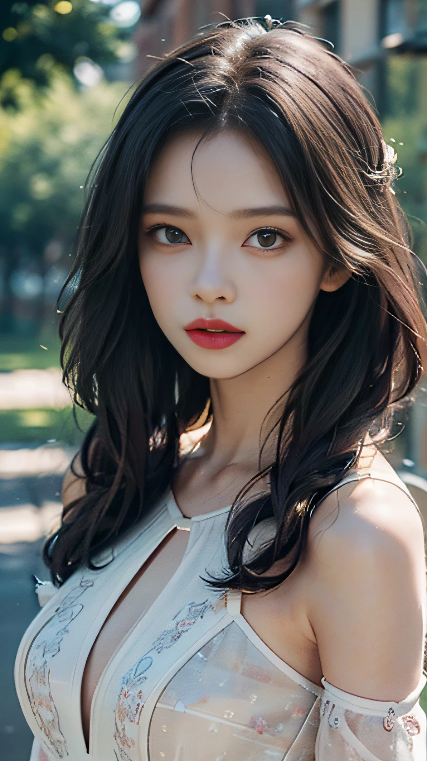 (in 8K、 Raw photography、top-quality,、hight resolution),、(hyper realisitic)、(realisitic),、Soft light、、girl with、Lifelike face、Realistic body、real looking skin、absurderes、​masterpiece、Cuties、独奏、Innocent eyes、blusher、Cinema Lights、cherry colored lips、The hair 、a closeup、looking at viewert、 Open lips,、Upper teeth,、(Smiling eyes:0.6)、eyes focus、professionally lit、CG Social Trends、Plastic En、((Black Long Hair))、((Beautuful Women))、(A smile)、Fashionable、((A sexy))、Hair that flutters in the wind、((Flowing hair))、Happy -、fashion magazine、((lighting like a movie))、((grass field))、((very heavy rain))、((wetting hair))、((Wet body))、((sodden))、((