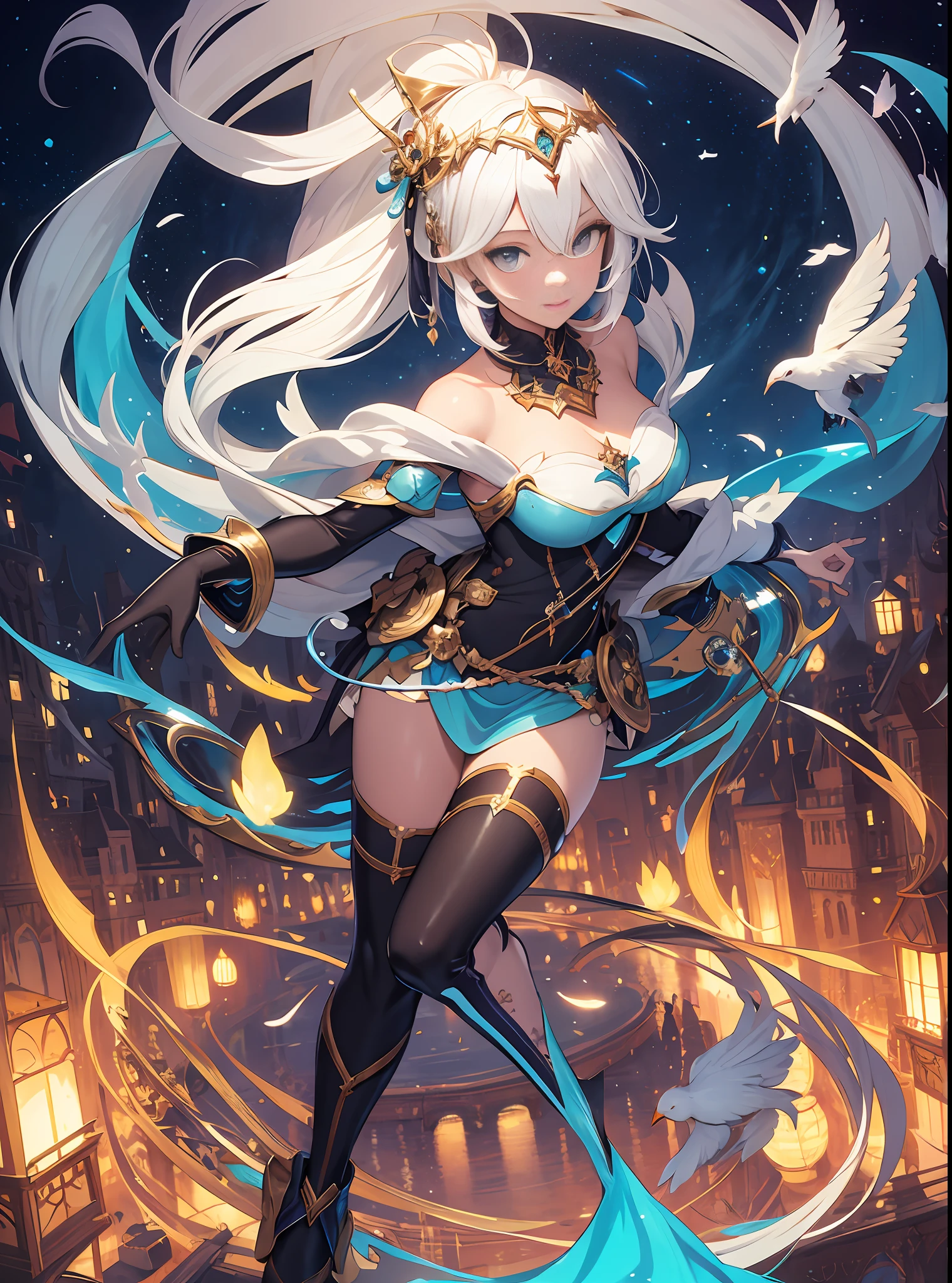 Close up portrait of a woman in costume with a bird in her hand, white haired god, high detailed official artwork, anime fantasy illustration, anime goddess, Pixiv Contest Winner, astral fairy, astral ethereal, Magical shiny skin, arabian princess, nightcore, persian princess, beautiful genie girl, beautiful celestial mage, shadowverse style, official artwork, Ethereal essence
