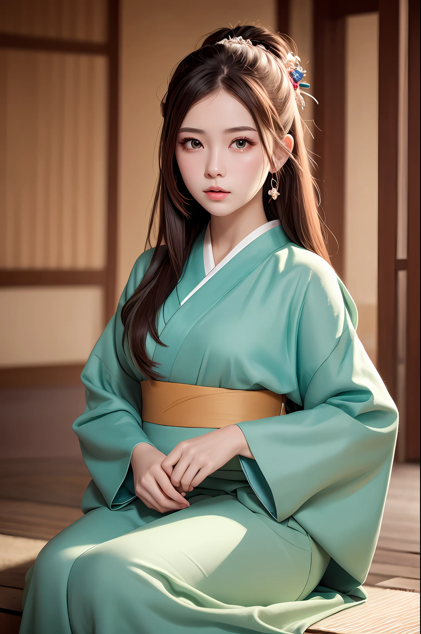 (masterpiece), best quality, beautiful detailed hair detailed face, 1 girl, solo, full-body portrait, dutch shot, perfect feminine face, very stunning woman, traditional hakama samurai kimono, chesnut brown hair, shoulder length hair, green eyes