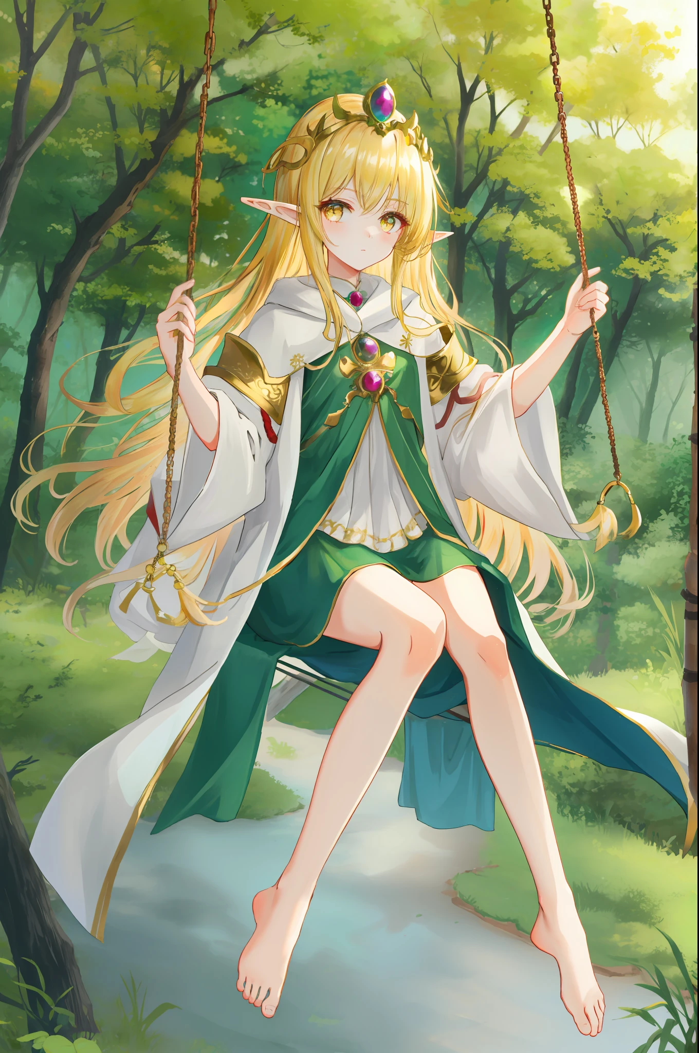 Golden hair,Golden eyes,Elf Princess,Manteau blanc,Sit on a swing in the forest,Bare-legged jade feet,tmasterpiece,Ultra high quality